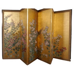 Japanese Six-Panel Screen Byobu With Chrysanthemums And Autumn Grass and Flower