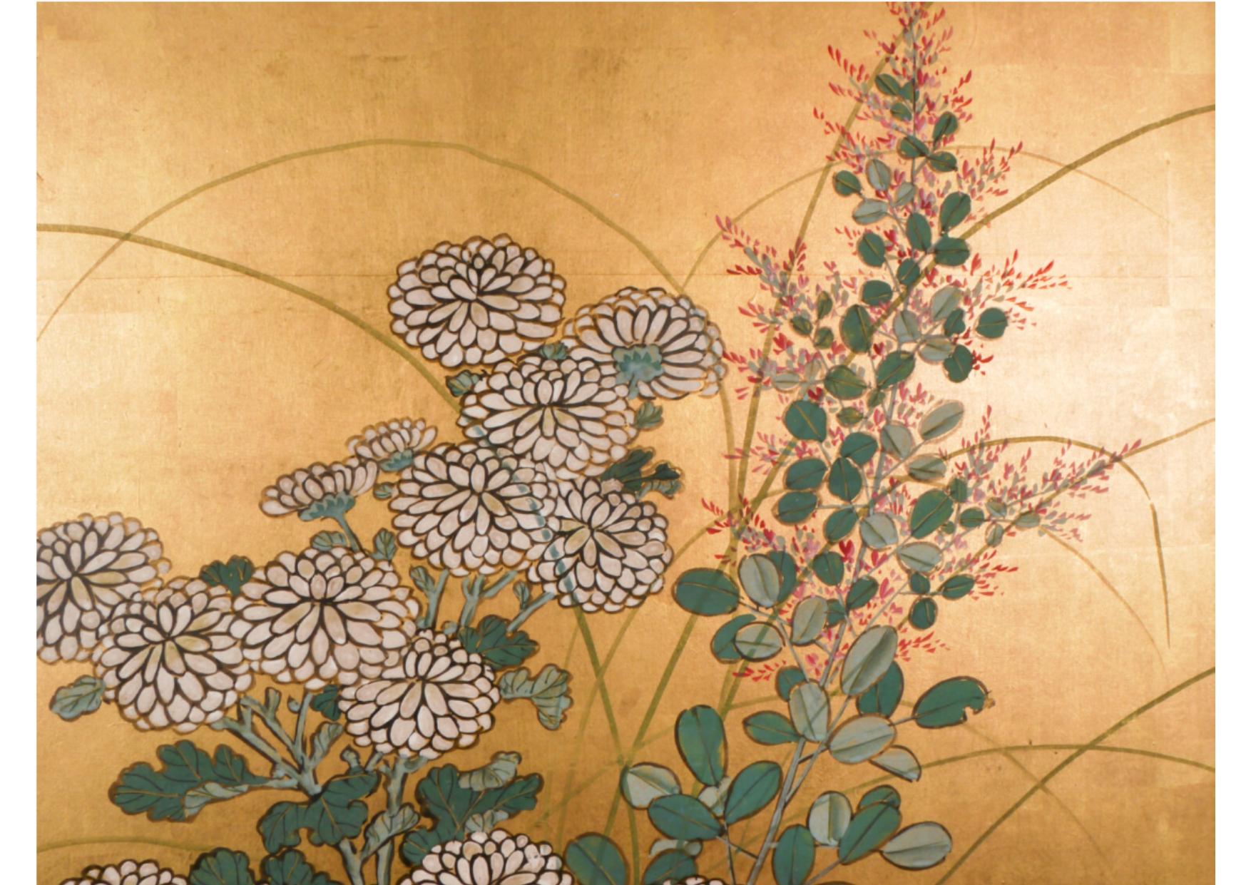Hand-Painted Japanese Six-Panel Screen Byobu With Chrysanthemums And Autumn Grass and Flower For Sale