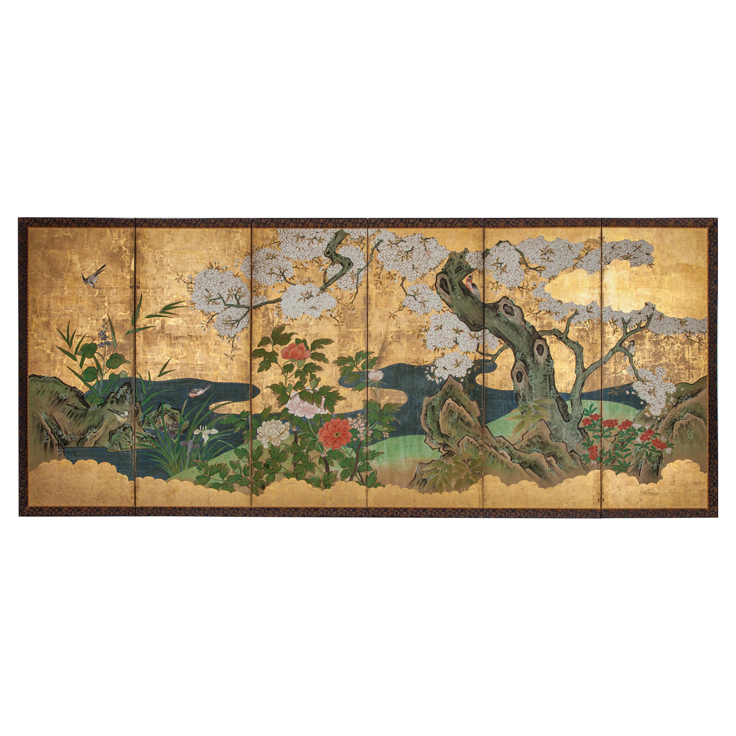 Japanese Six Panel Screen Cherry in Bloom in Flowering Spring