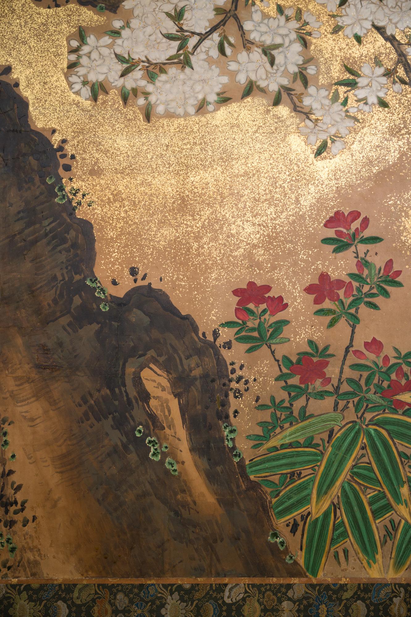 19th Century Japanese Six Panel Screen Cherry Tree on Mulberry Paper
