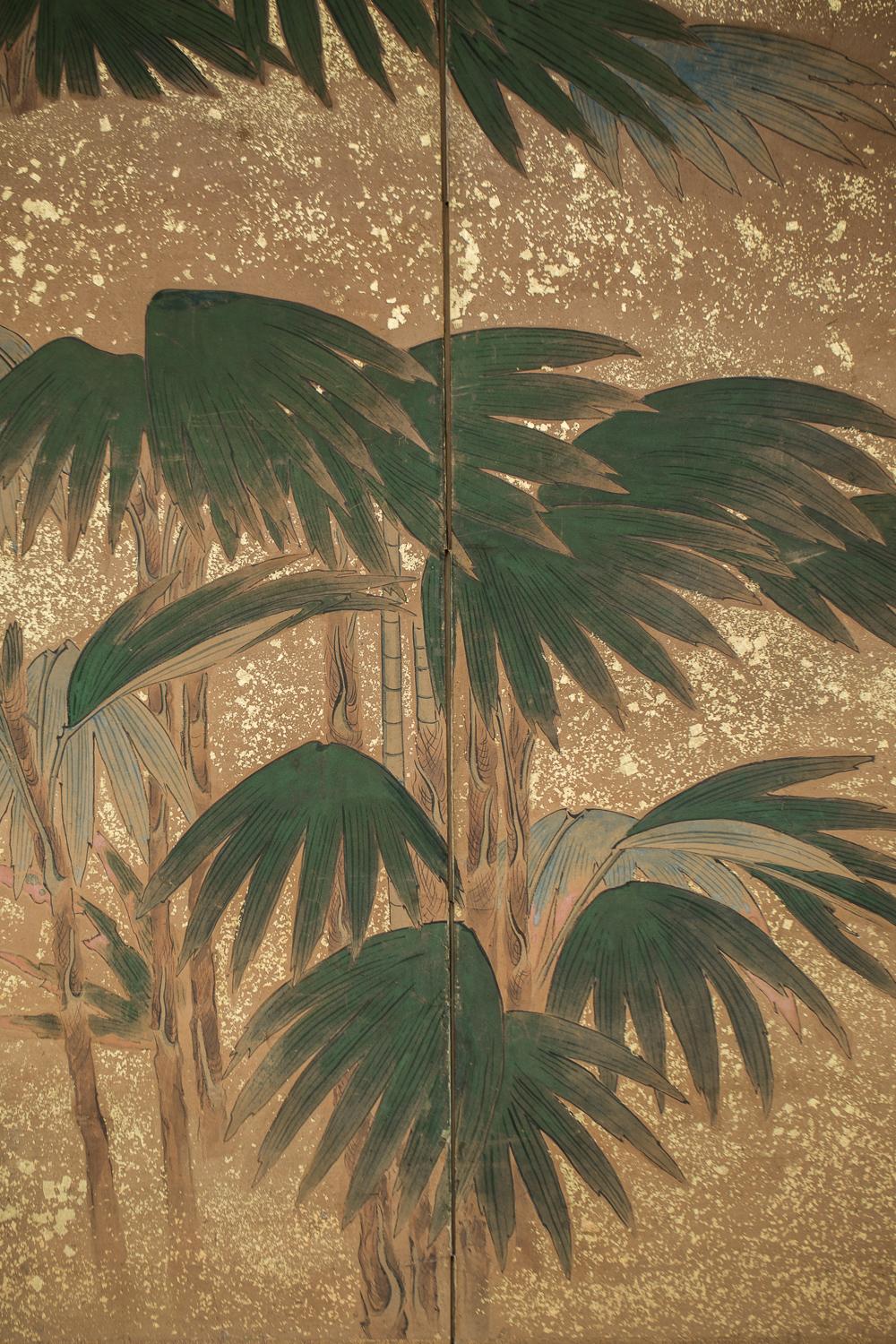 Japanischer japanischer Sechs-Paneel-Raumteiler, chinesischer Bambus mit Mond und Sternen in Blattgold im Zustand „Gut“ im Angebot in Hudson, NY
