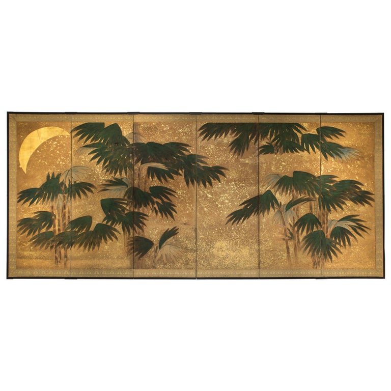 Japanese Six Panel Screen, Chinese Bamboo with Moon and Stars in Gold Leaf For Sale