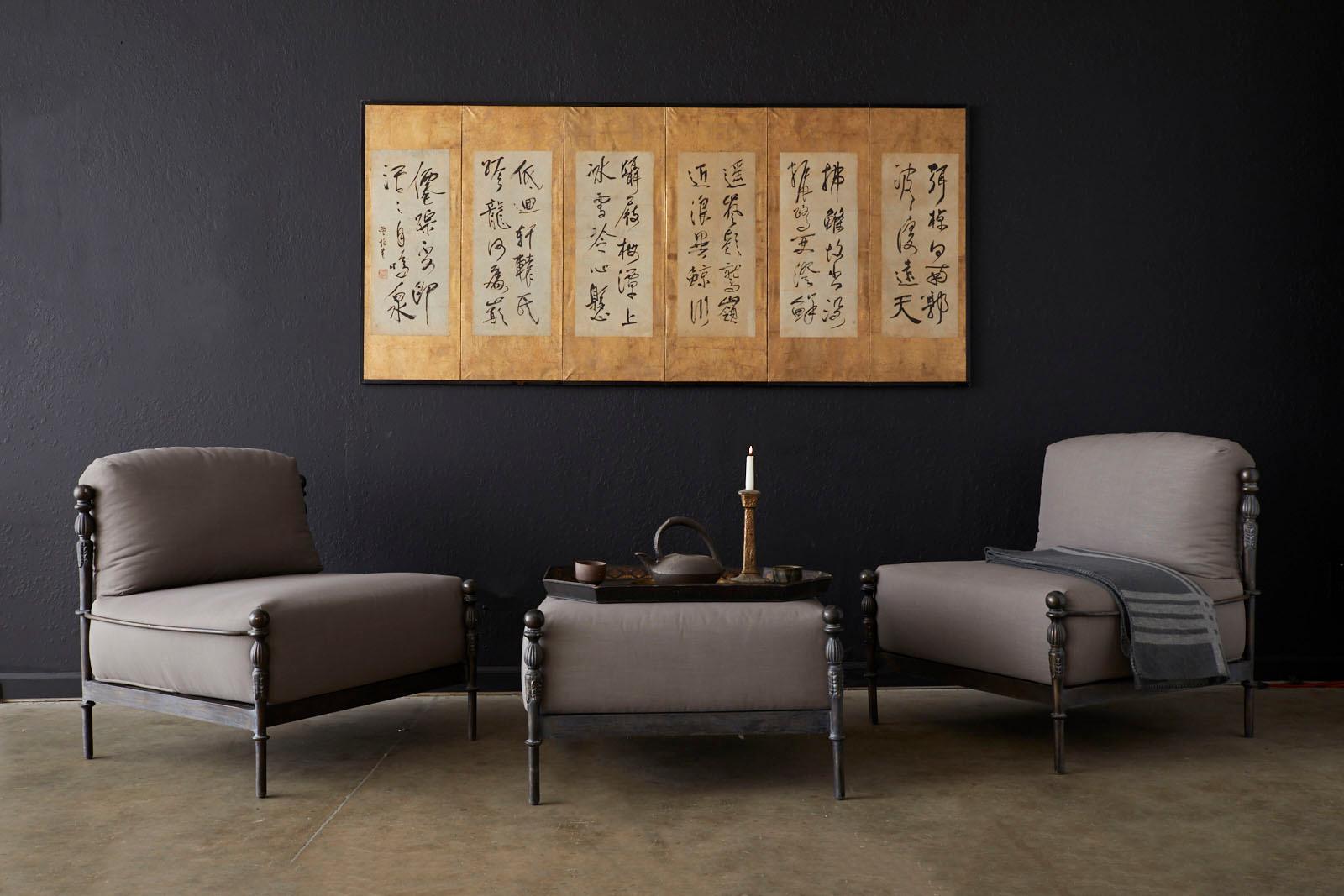 Large Japanese late Meiji period six panel screen featuring six Chinese brush calligraphy poems in semi-cursive script. Ink on handcrafted paper mounted onto gold leaf squares and set in an ebonized frame. The screen does fold. Beautifully crafted