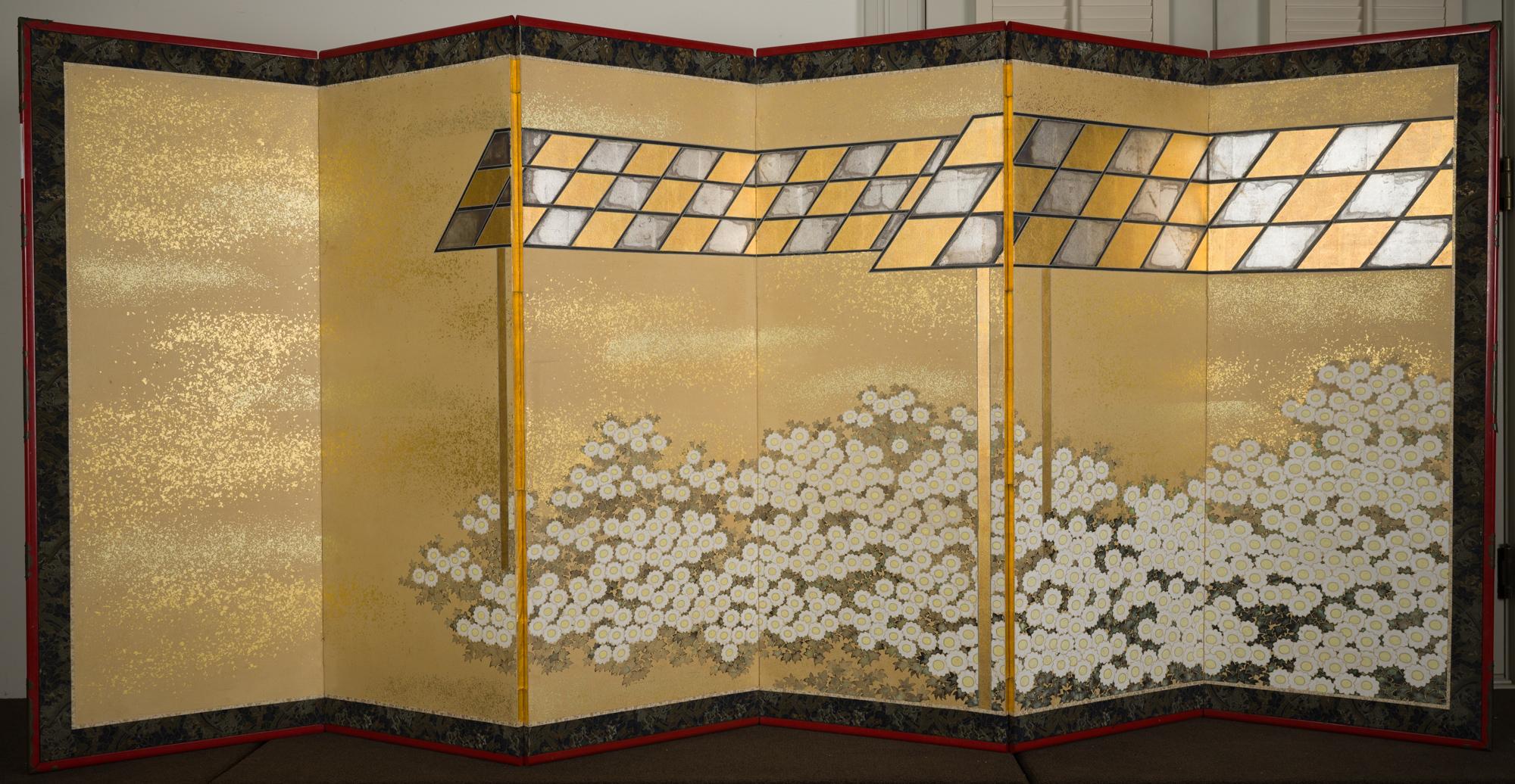 Japanese Six Panel Screen: Chrysanthemum Pavilion For Sale 9