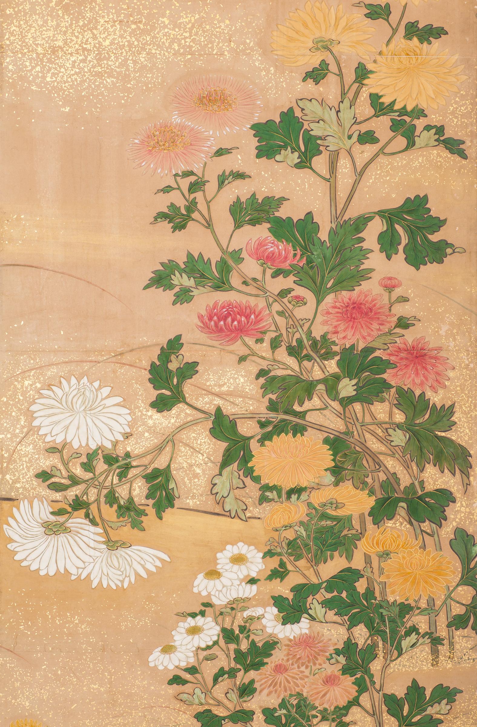 Edo Paravent japonais à six panneaux, chrysanthèmes en vente