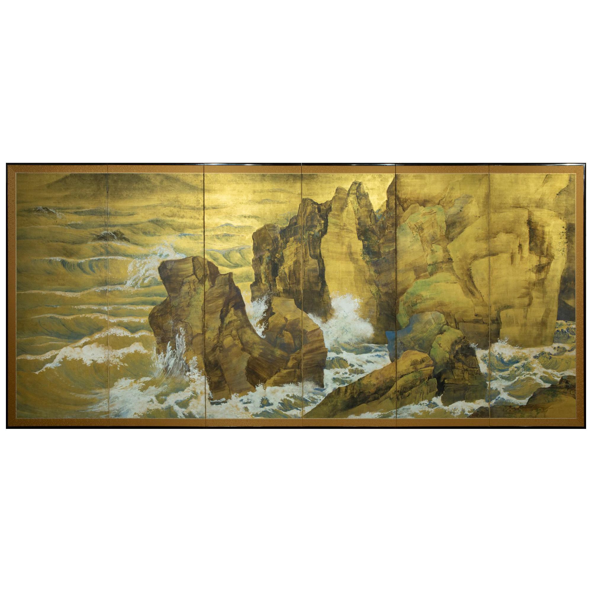 Japanese Six Panel Screen, Craggy Coastal Landscape