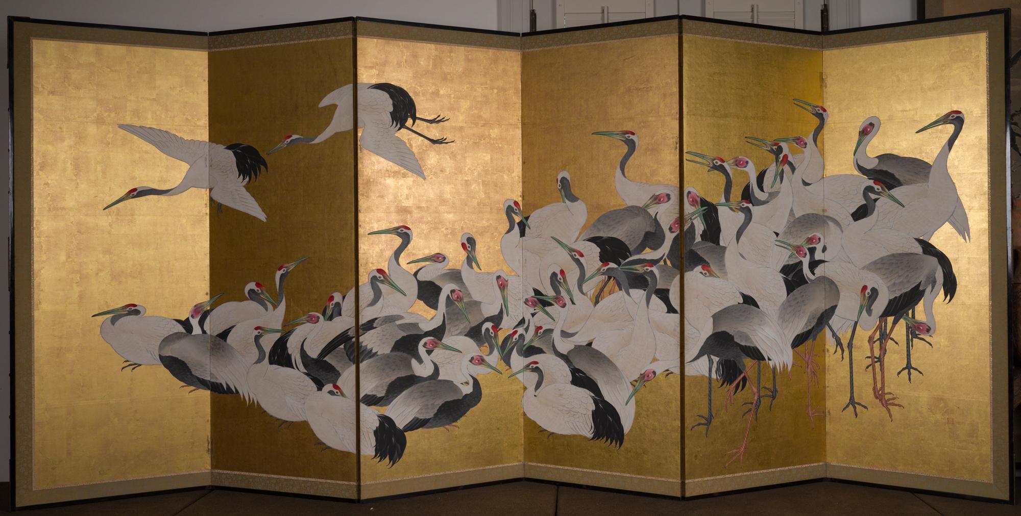 Beautiful painting of 50 cranes gathered on solid gold leaf ground. Mineral pigments on gold leaf. In Japan the crane signifies fidelity, good luck, love and long life. Seal reads: Joshun.