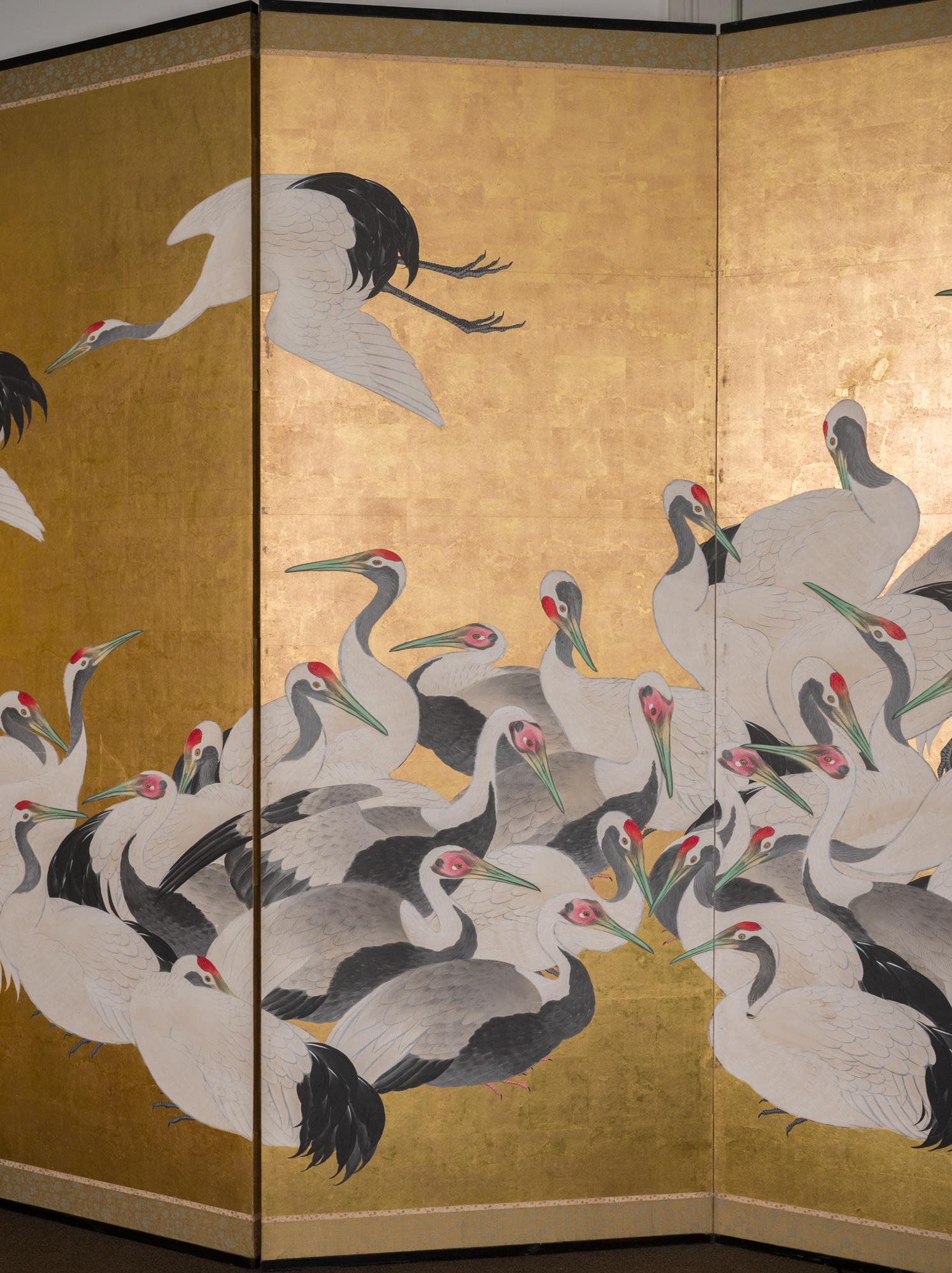 Japanese Six Panel Screen Dance of 50 Cranes on Gold Leaf In Good Condition In Hudson, NY