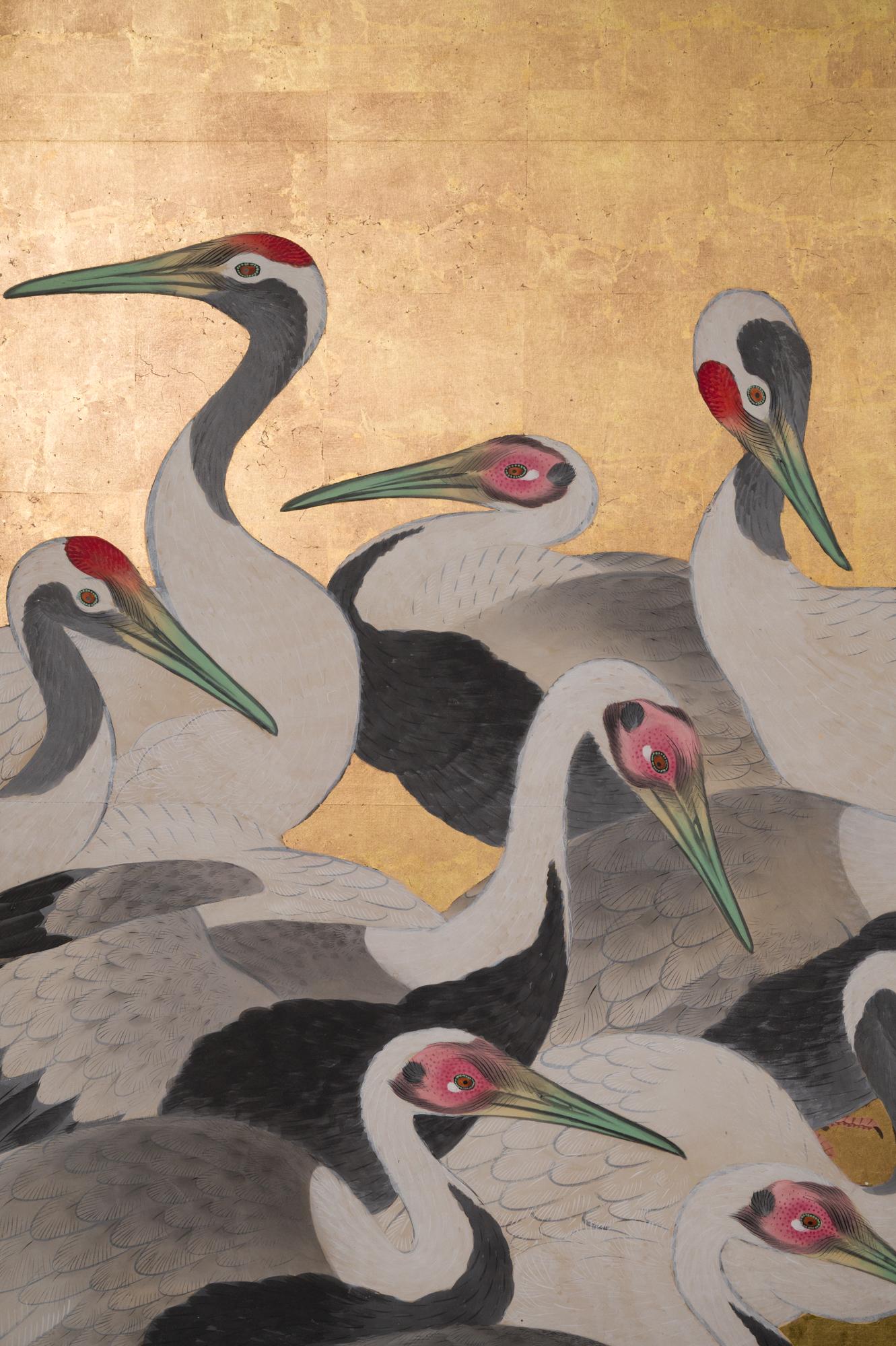 19th Century Japanese Six Panel Screen Dance of 50 Cranes on Gold Leaf