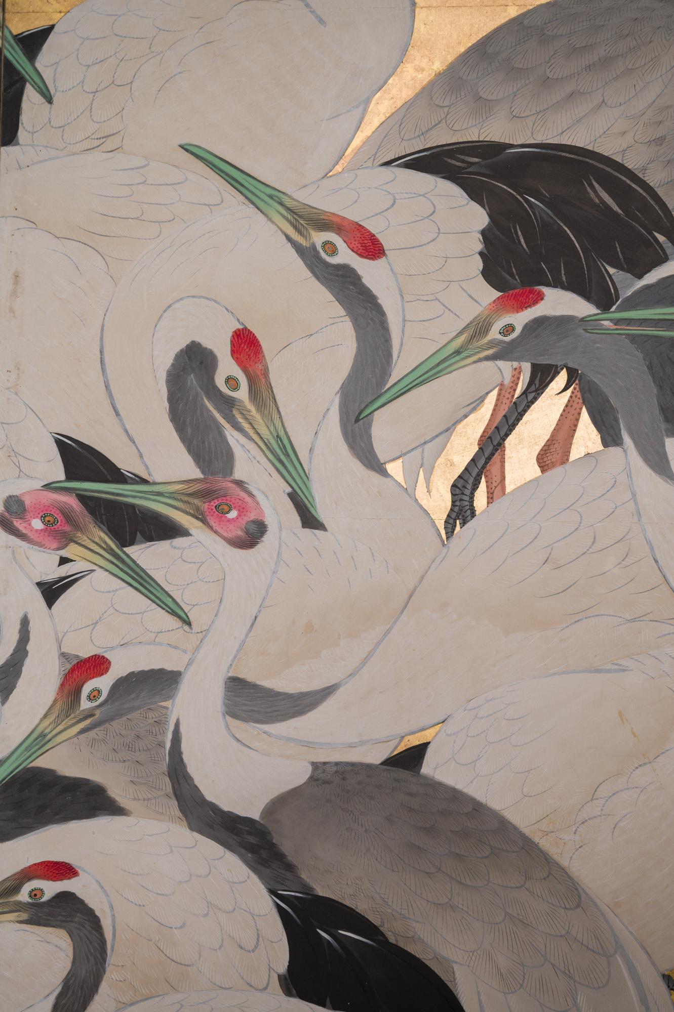 Paper Japanese Six Panel Screen Dance of 50 Cranes on Gold Leaf