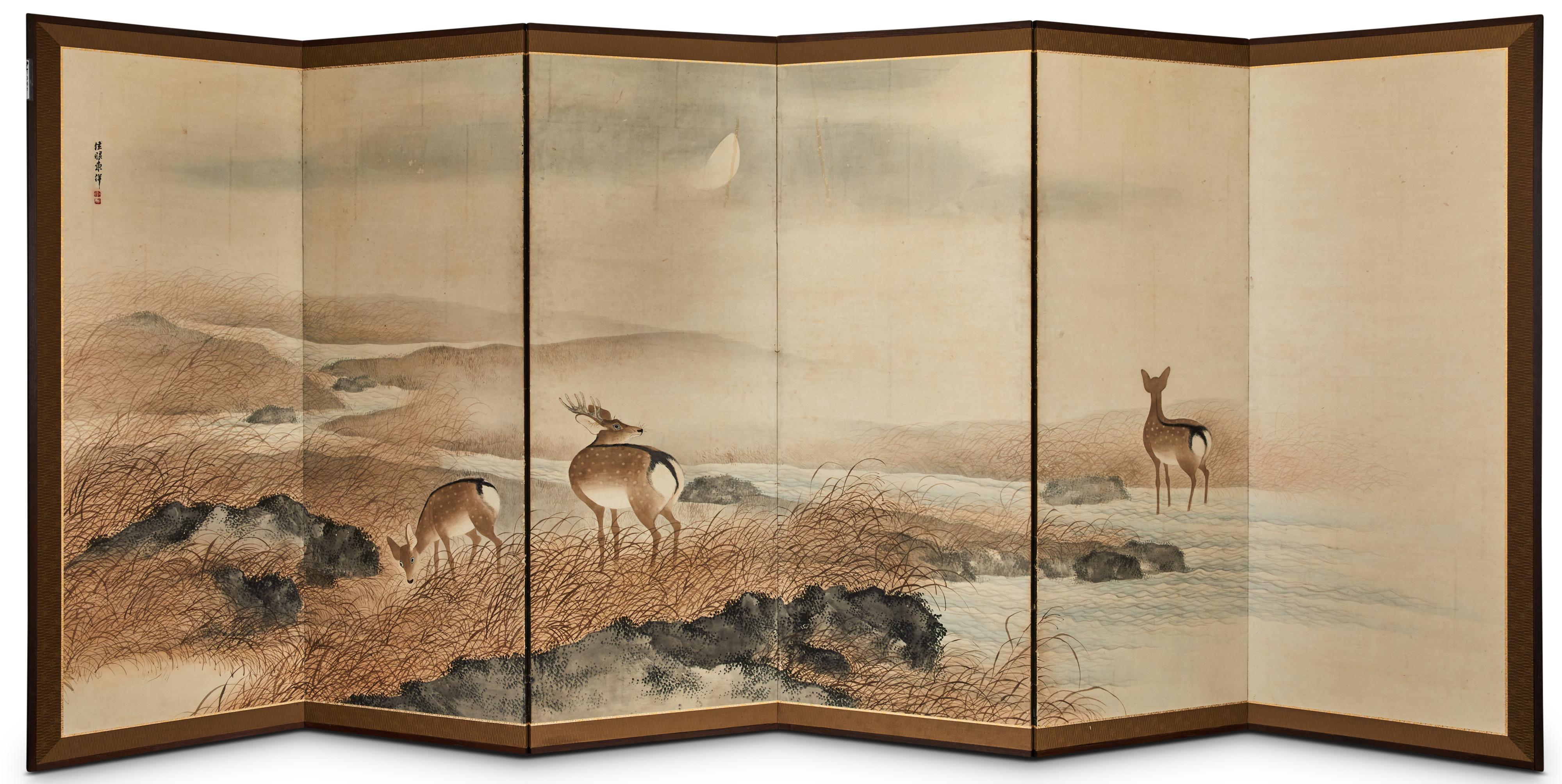 Japanese Six Panel Screen: Deer in Moonlit Water Landscape For Sale 6
