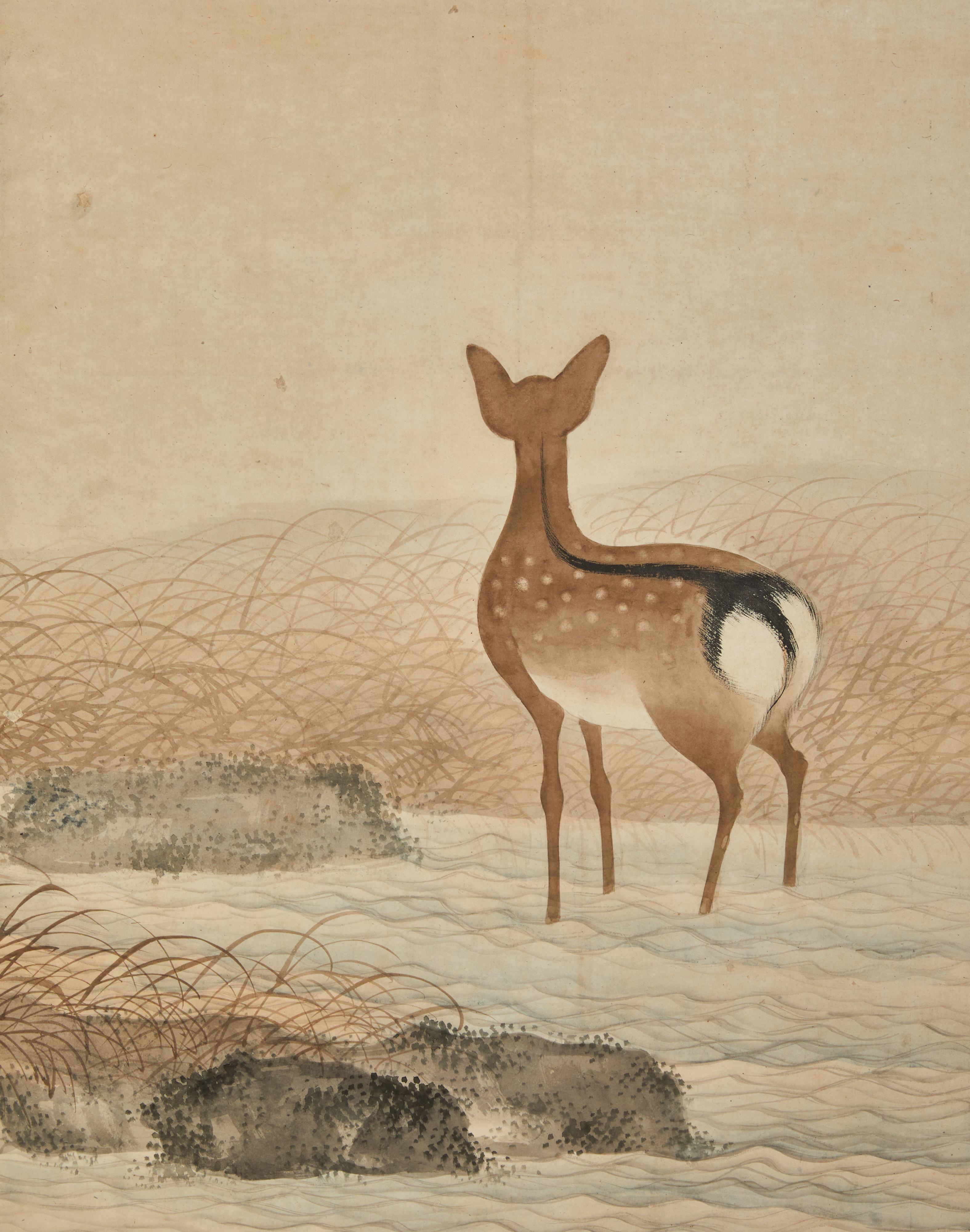 Painted Japanese Six Panel Screen: Deer in Moonlit Water Landscape For Sale