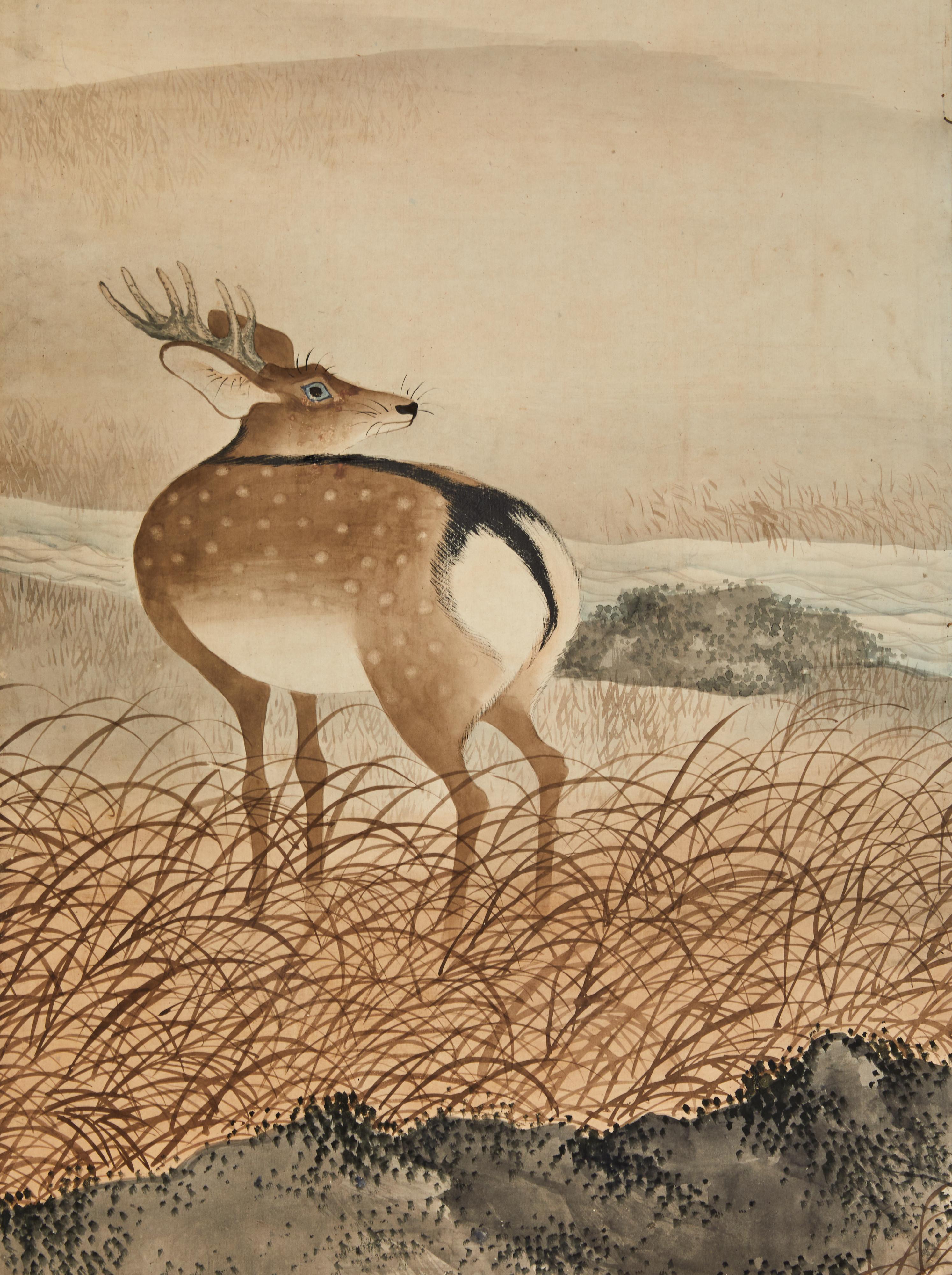 19th Century Japanese Six Panel Screen: Deer in Moonlit Water Landscape For Sale