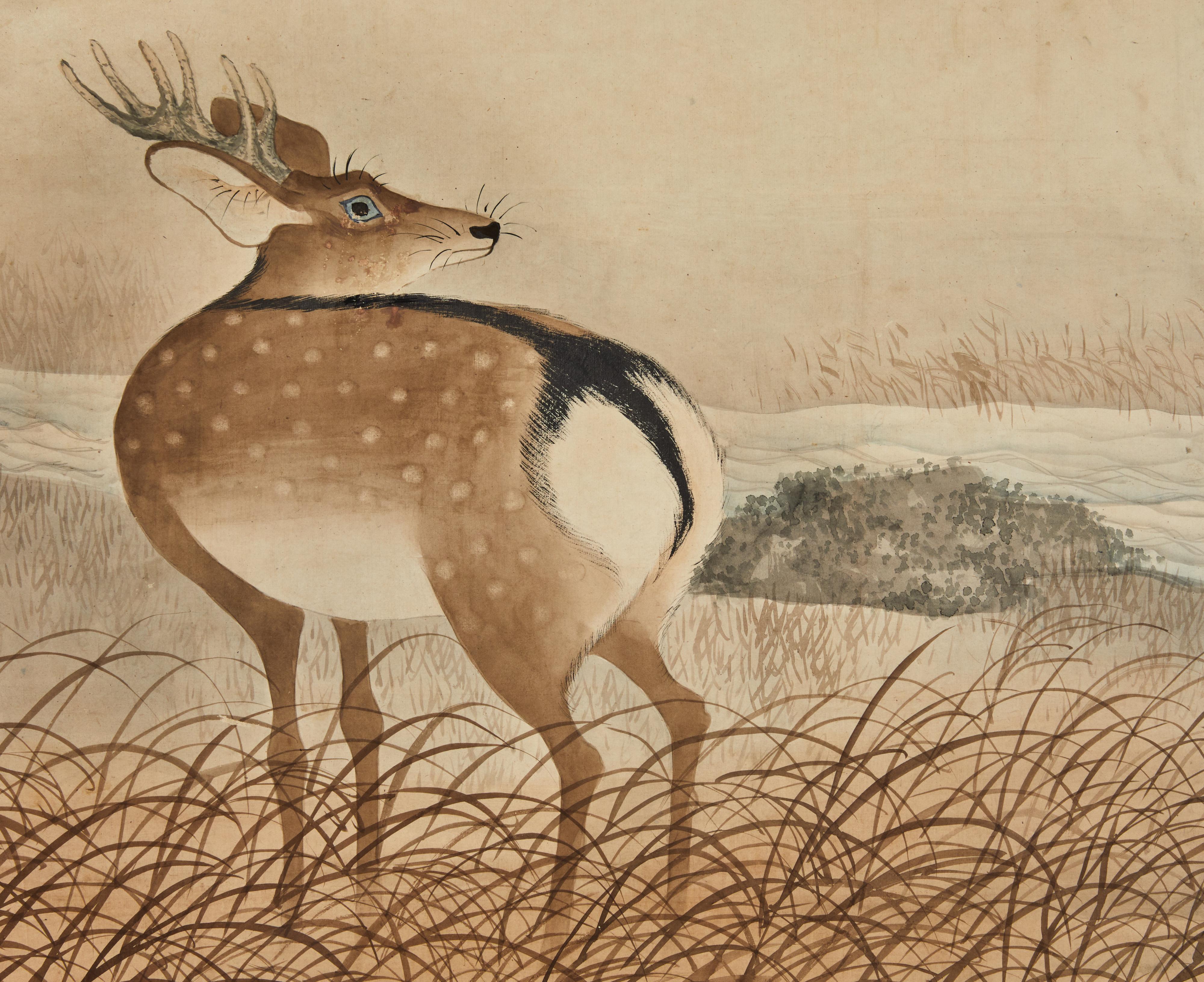 Brocade Japanese Six Panel Screen: Deer in Moonlit Water Landscape For Sale