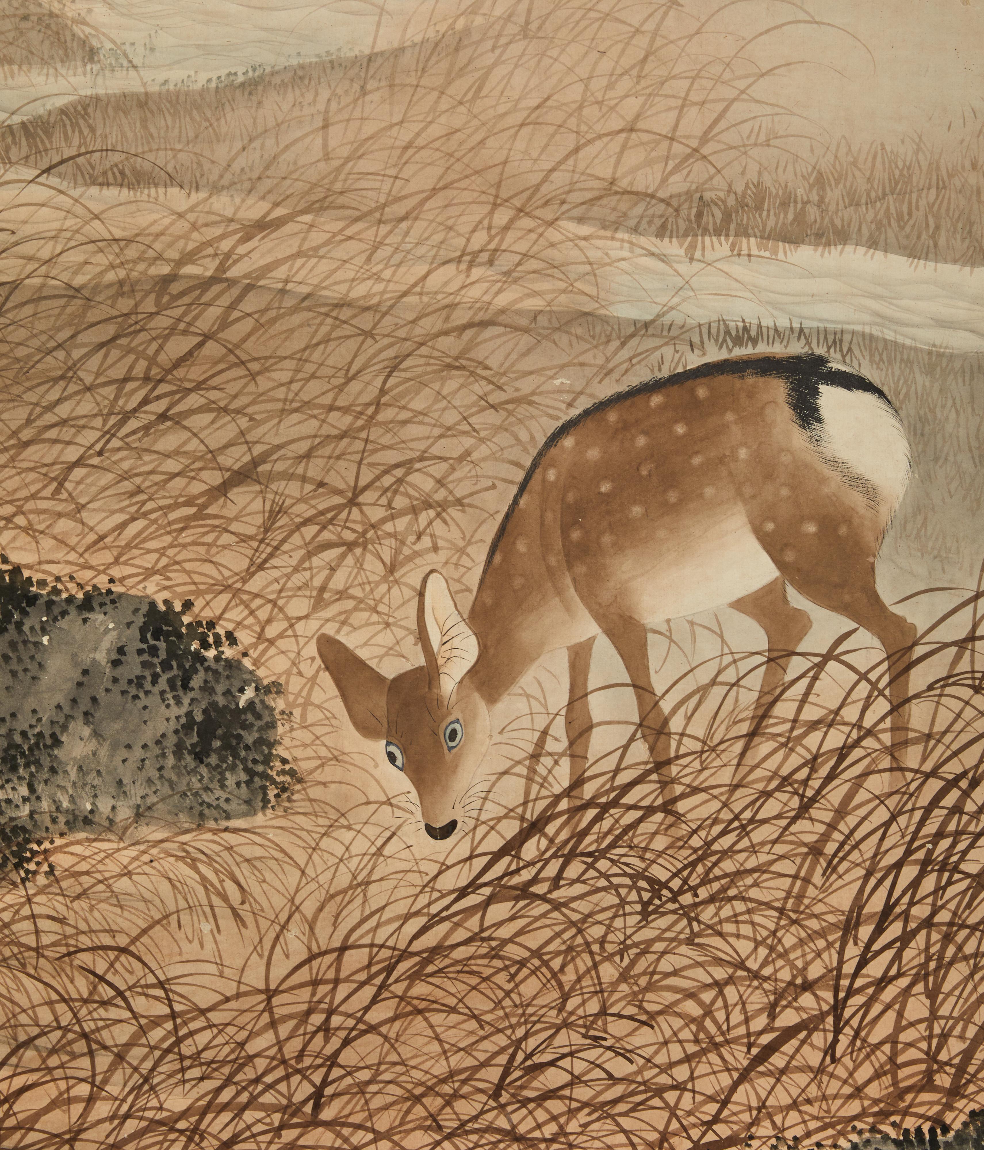 Japanese Six Panel Screen: Deer in Moonlit Water Landscape For Sale 1