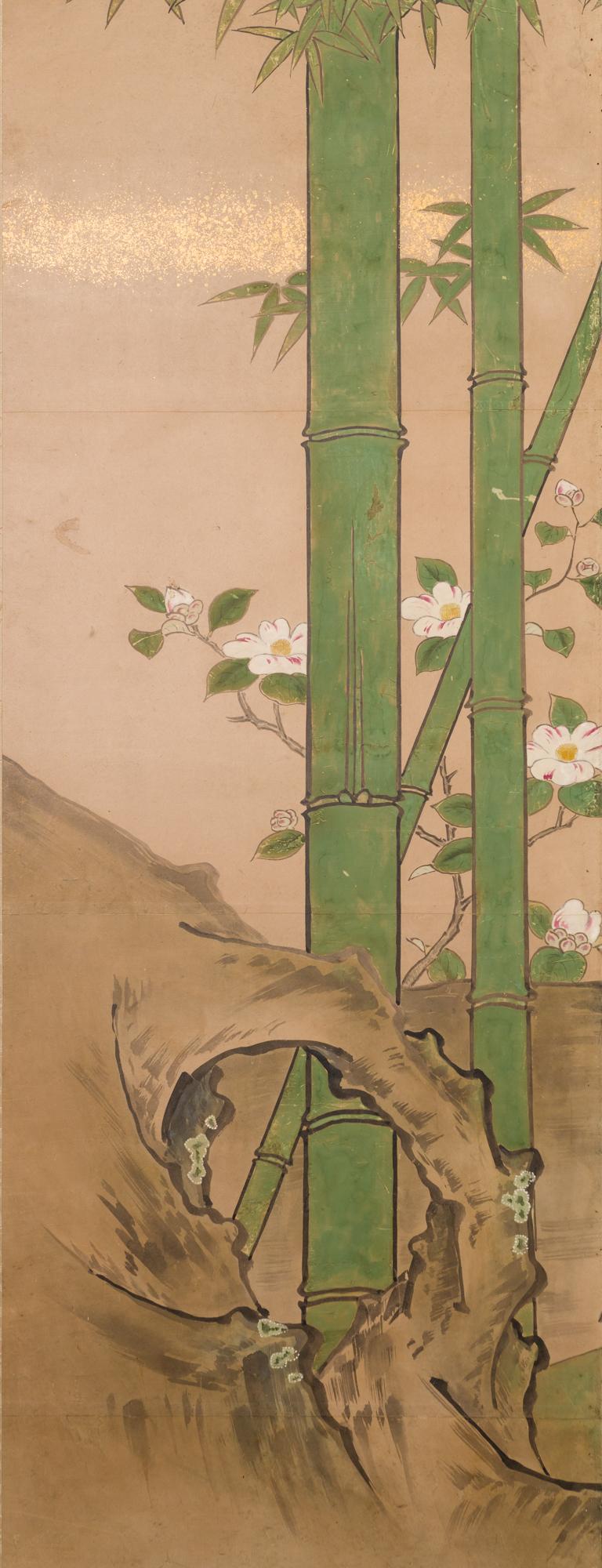 Meiji period painting (1868 - 1912) of a peaceful water landscape in Spring with plum, peony, camellia, and bamboo. Ducks swim in a pond while a pair of blue birds look on. Painted in mineral pigments on mulberry paper with gold dust clouds and a