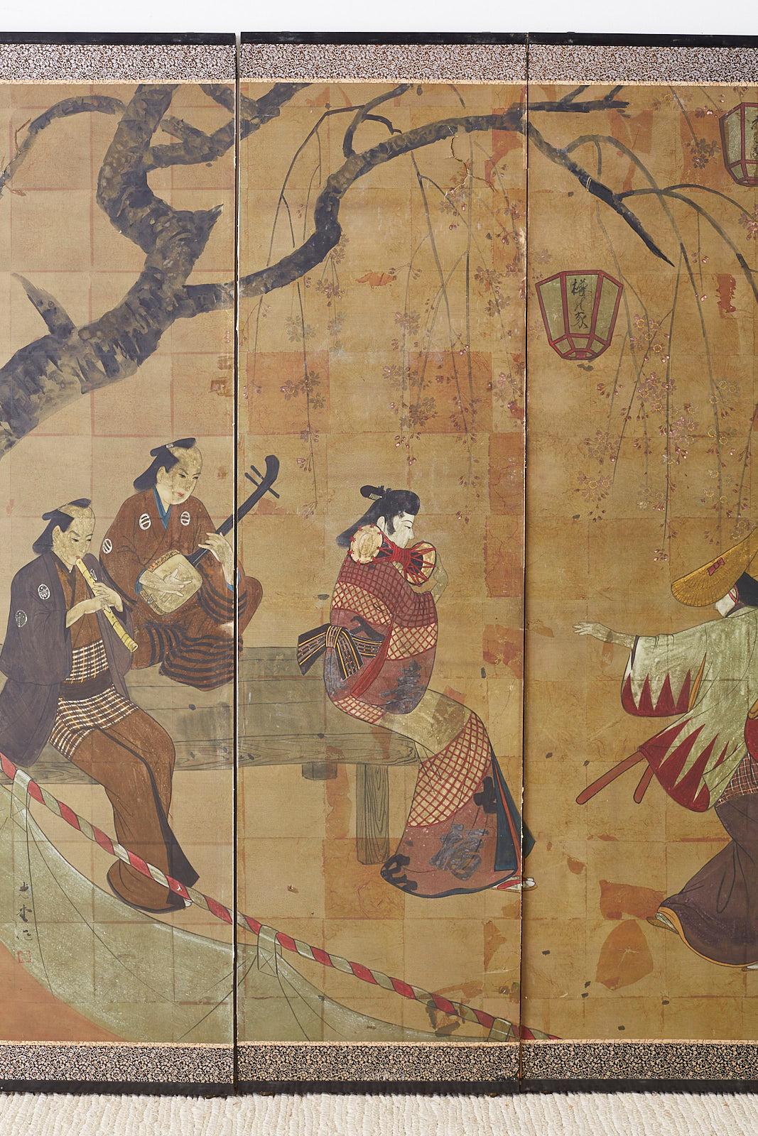 Lacquered Japanese Six-Panel Screen Edo Dancers and Musicians