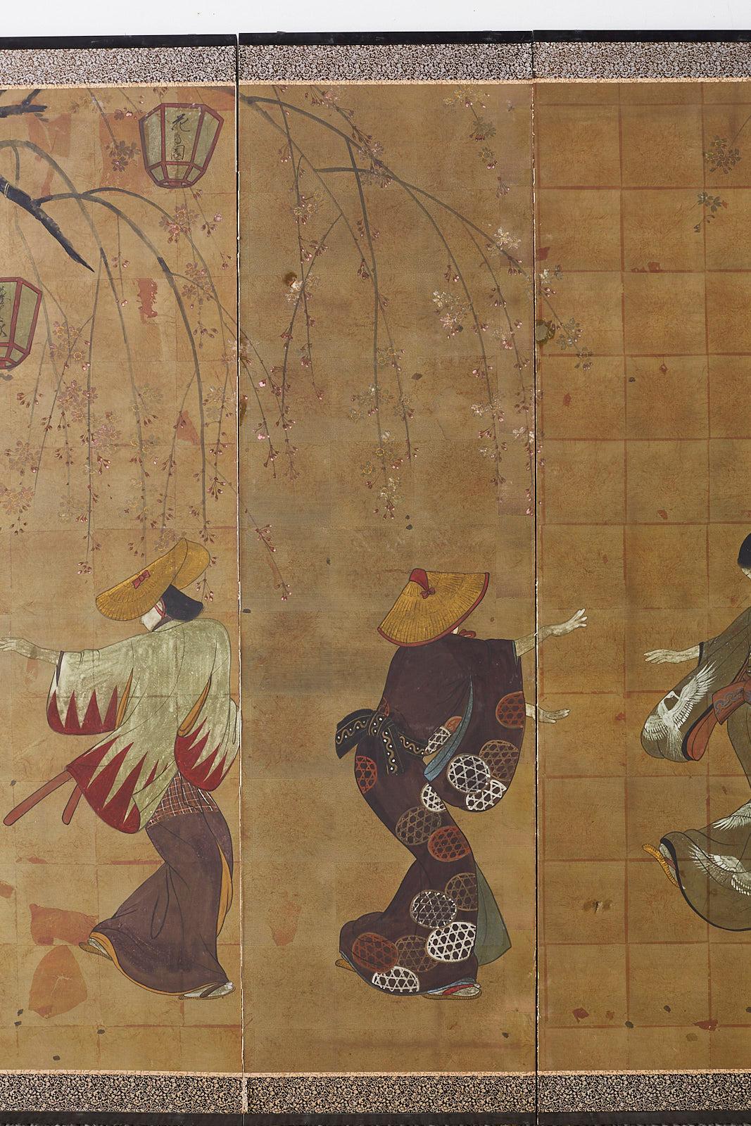 20th Century Japanese Six-Panel Screen Edo Dancers and Musicians