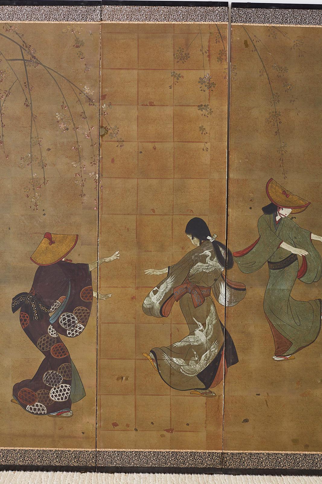 Brass Japanese Six-Panel Screen Edo Dancers and Musicians