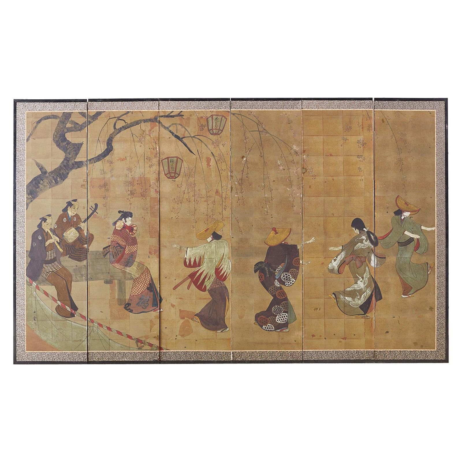 Japanese Six-Panel Screen Edo Dancers and Musicians