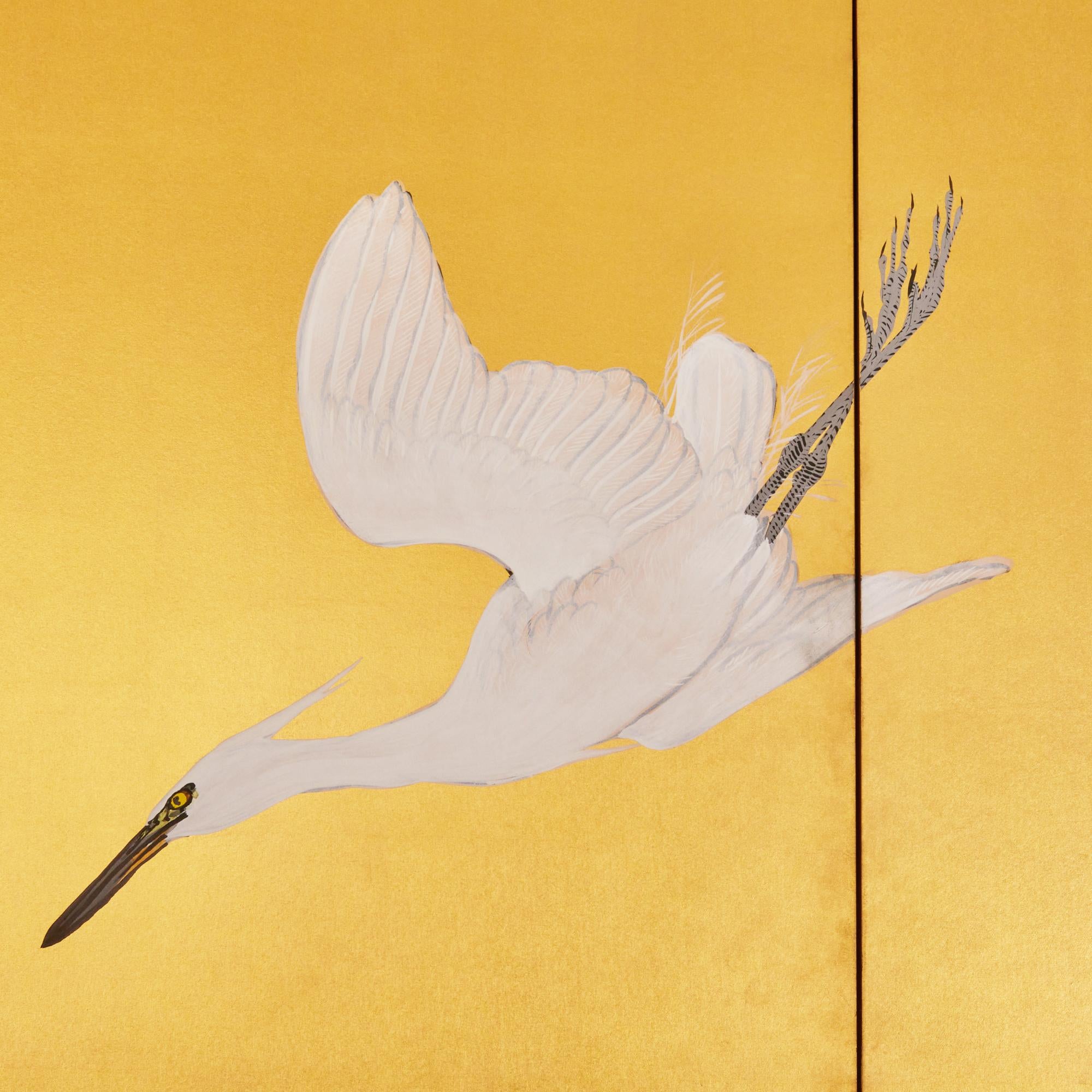 A siege of Egrets glide along the warm golden backdrop.  Mineral pigments and gold on mulberry paper with lacquered wood trim.   
