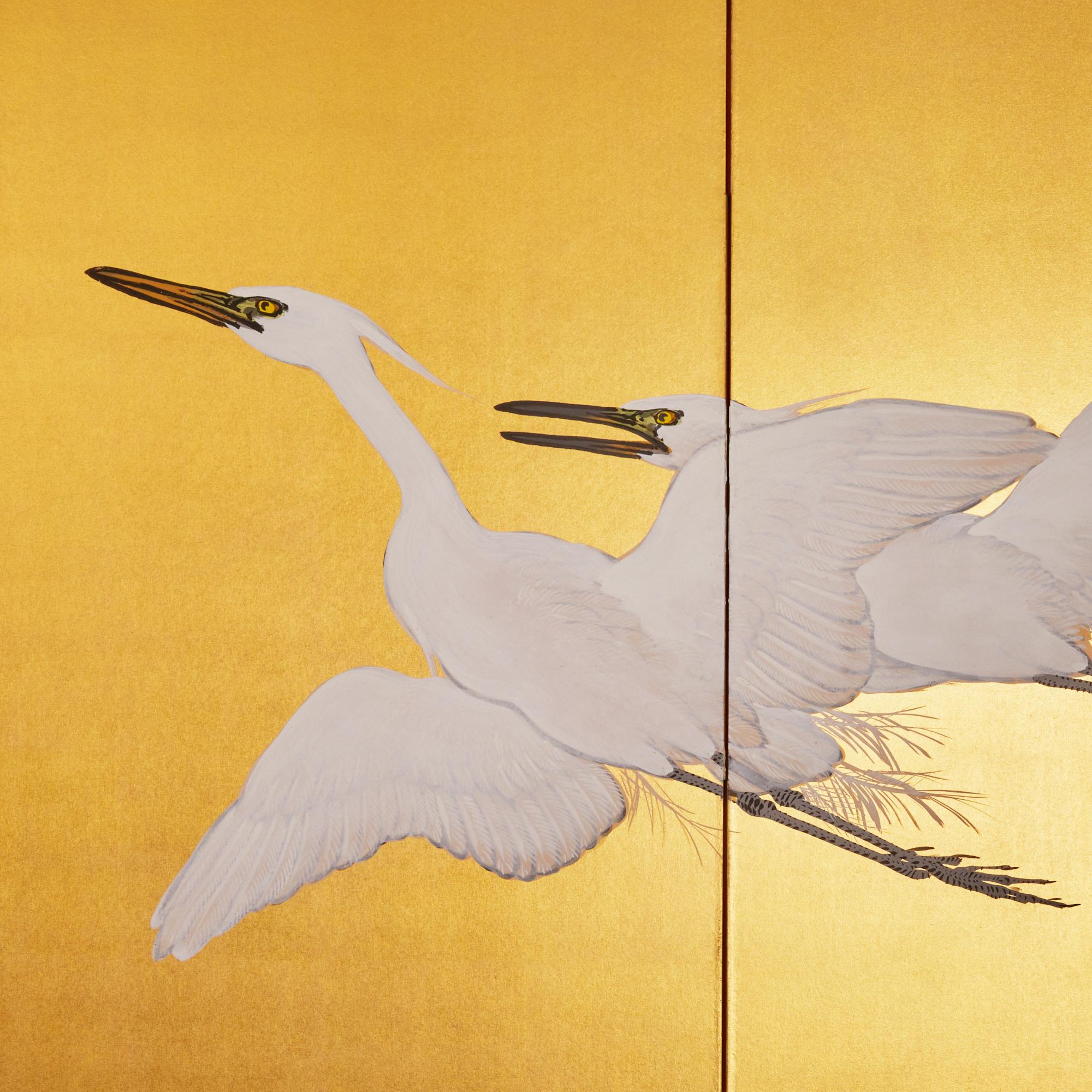 A siege of Egrets glide along the warm golden backdrop.  Mineral pigments and gold on mulberry paper with lacquered wood trim.   