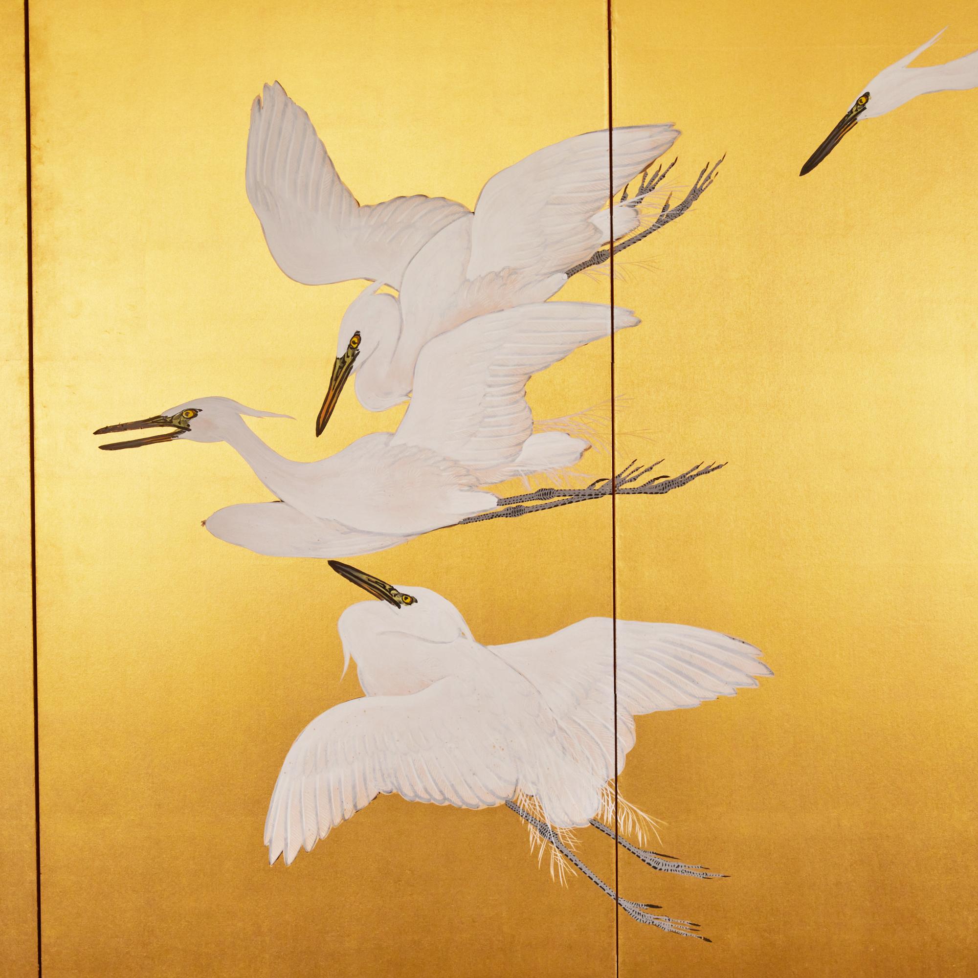 Japanese Six Panel Screen: Egrets in Flight In Good Condition For Sale In Hudson, NY