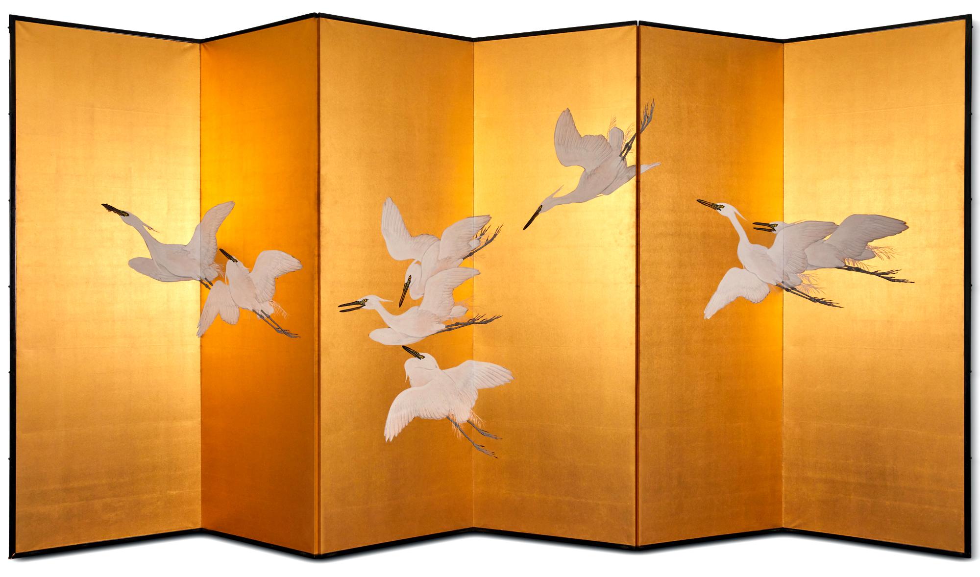Japanese Six Panel Screen: Egrets in Flight For Sale 2