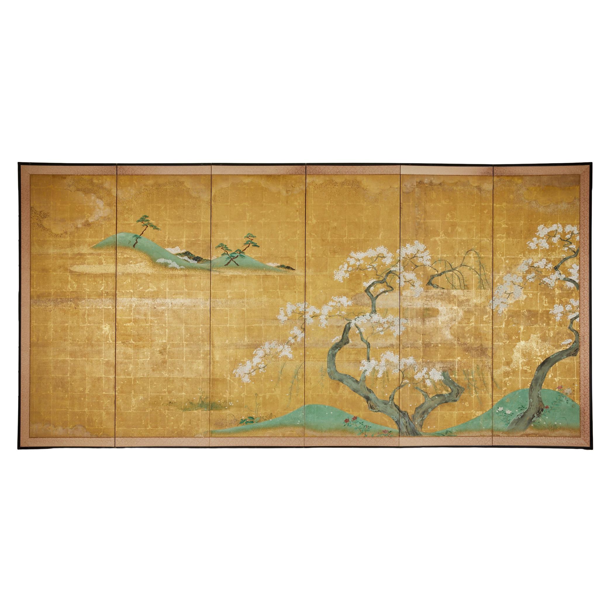 Japanese Six Panel Screen: Falling Cherry Blossoms