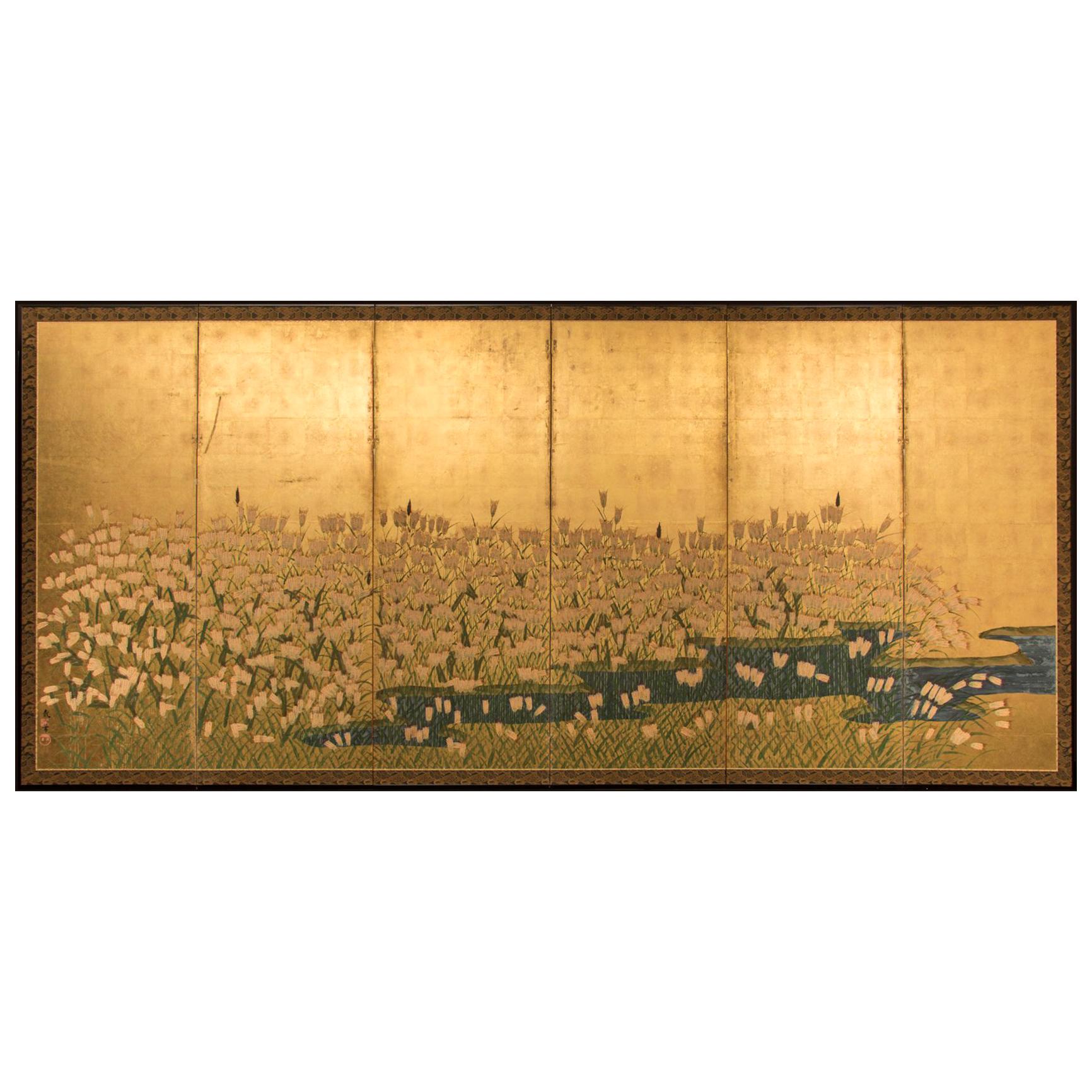 Japanese Six Panel Screen Field of Wheat by River's Edge For Sale