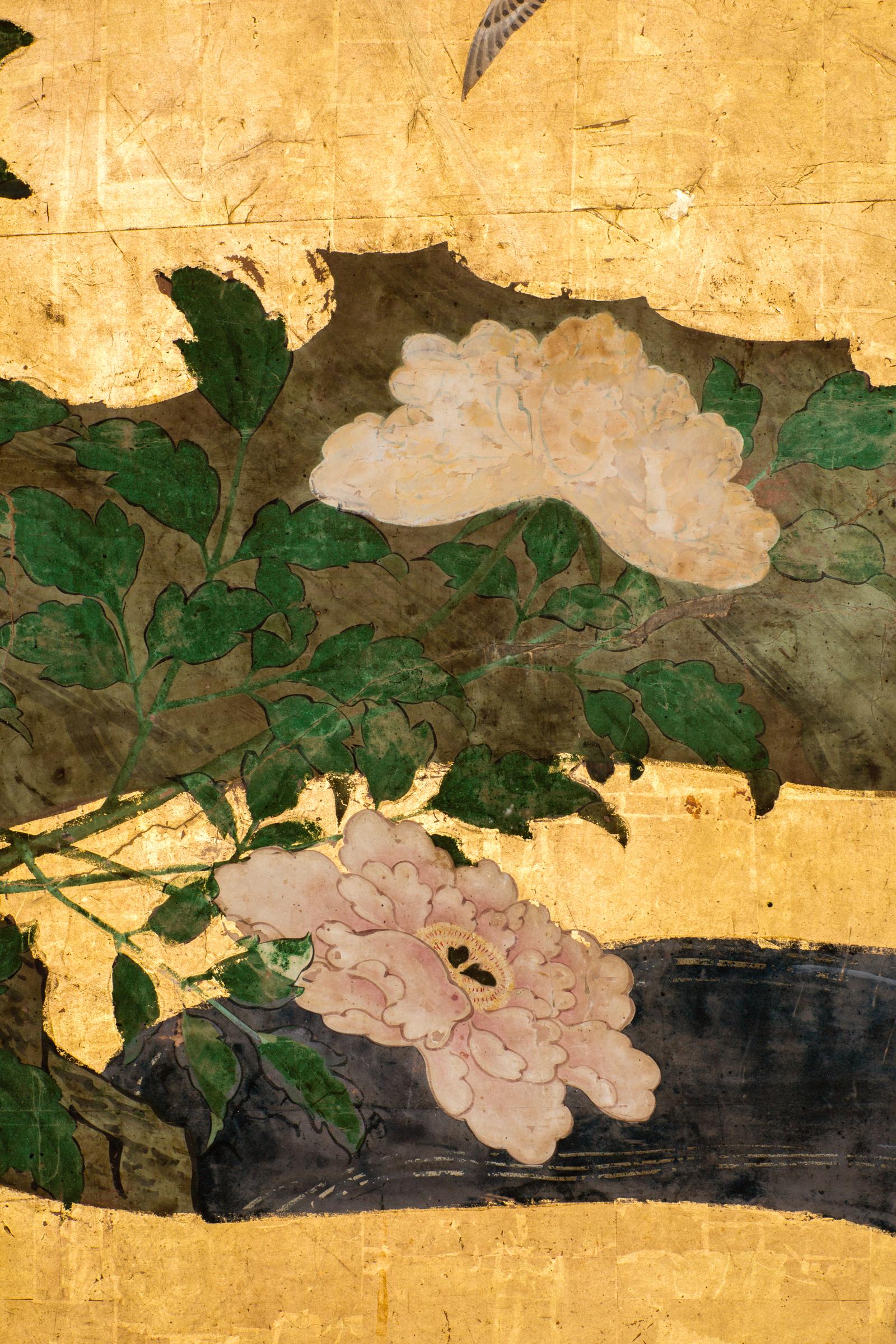 Kano School painting showing ancient pine, exotic birds, peonies, azalea and cherry tree in bloom on far right. Early Edo period painting, (1614 - 1868). Not signed, in good condition. Mineral pigments on mulberry paper and gold leaf, with a silk