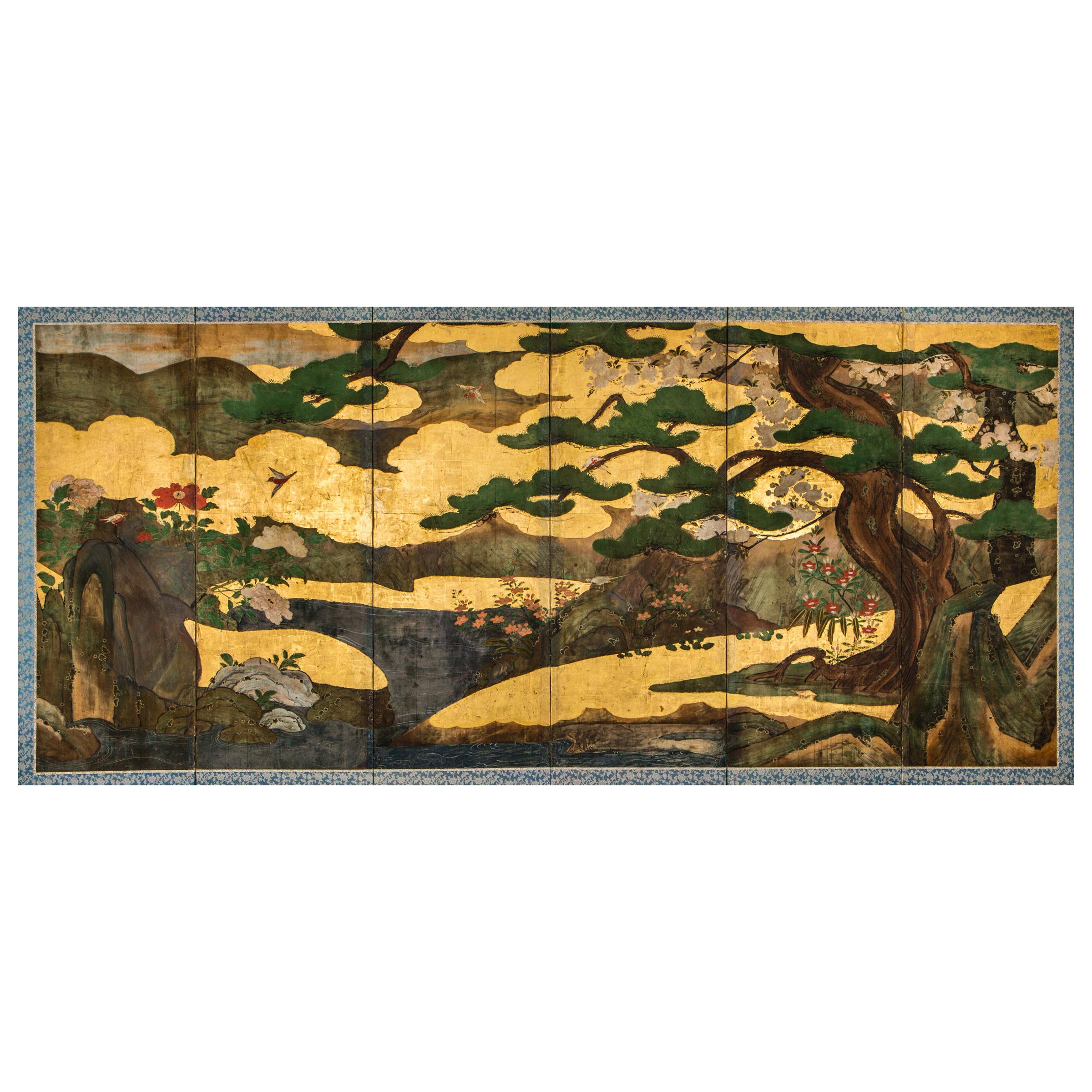 Japanese Six-Panel Screen Garden Landscape by River's Edge For Sale