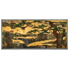 Antique Japanese Six-Panel Screen Garden Landscape by River's Edge