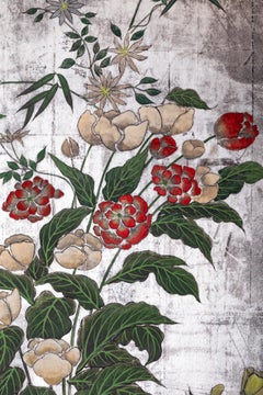 Japanese Six Panel Screen Garden Landscape on Silver