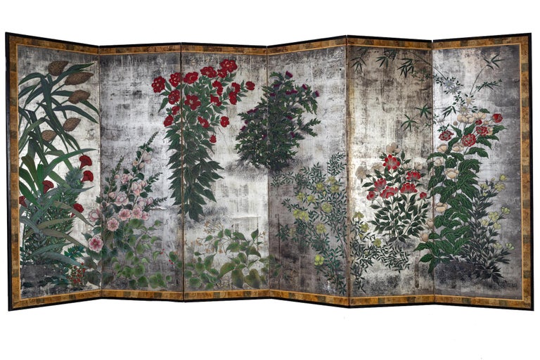 Japanese Six Panel Screen Garden Landscape on Silver For Sale 4