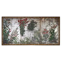 Antique Japanese Six Panel Screen Garden Landscape on Silver