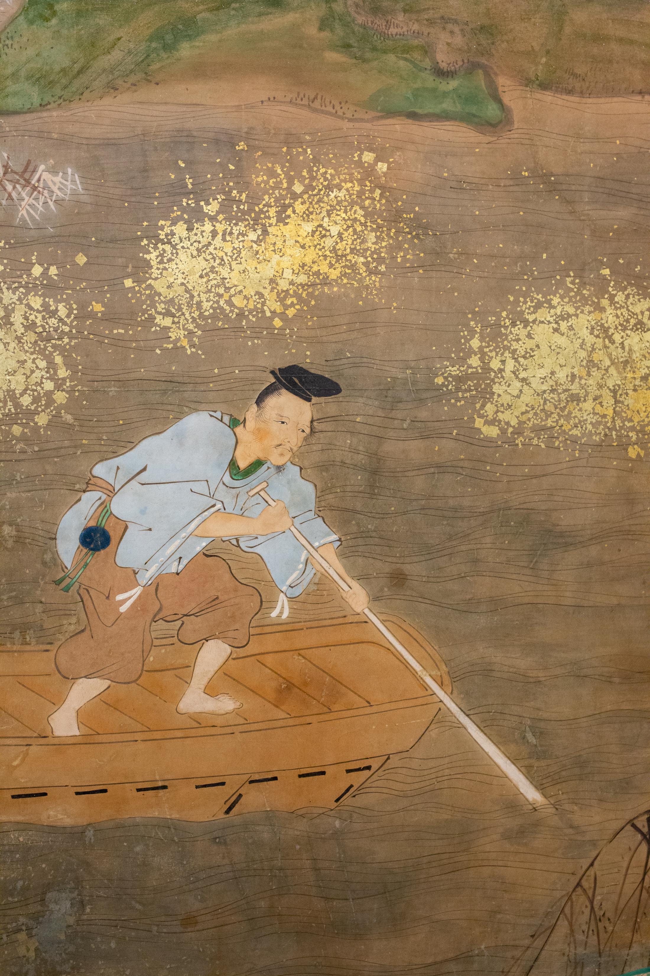 Edo Japanese Six Panel Screen: Glorious Tosa Painting of Lady Murasaki on Lake Biwa