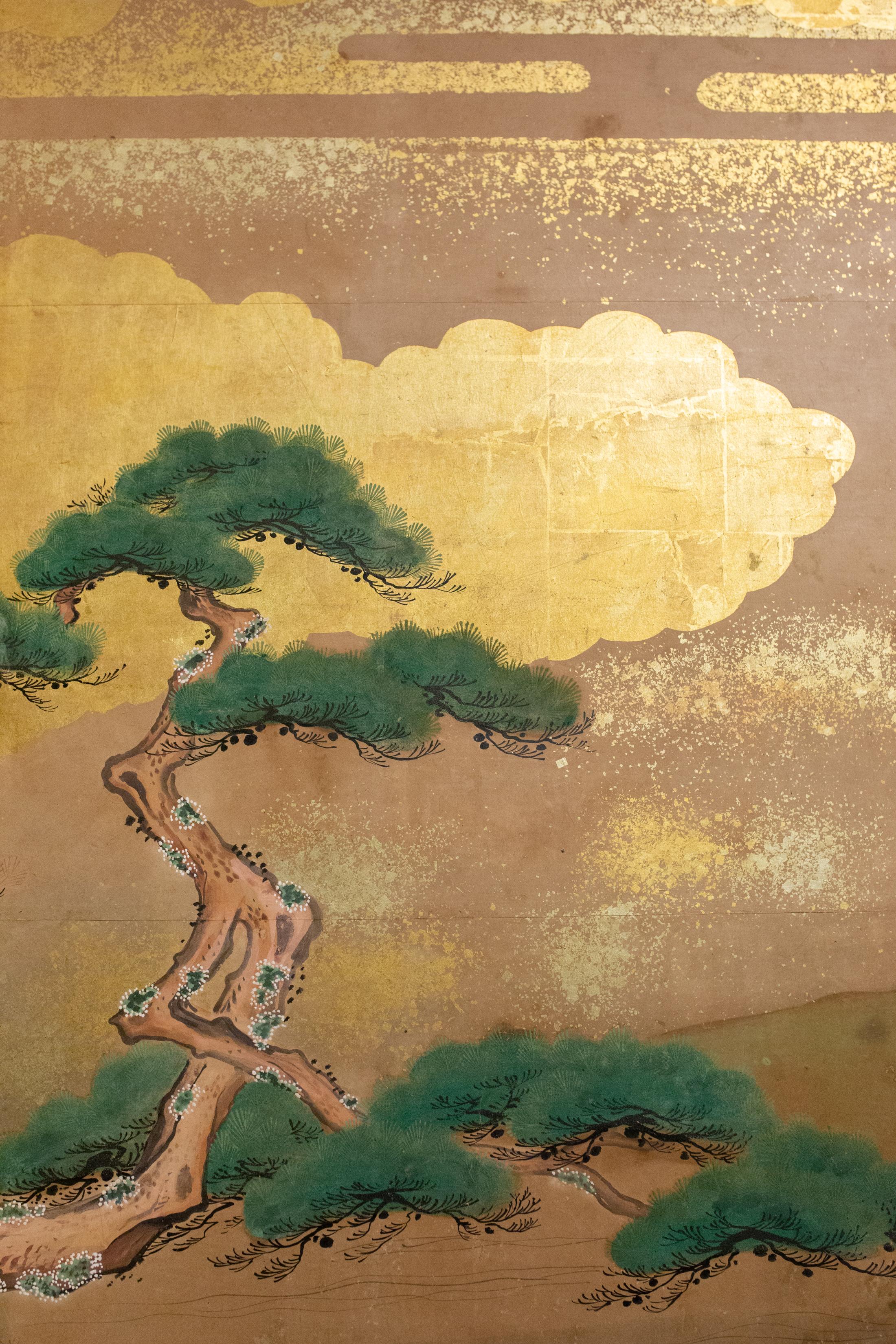 19th Century Japanese Six Panel Screen: Glorious Tosa Painting of Lady Murasaki on Lake Biwa