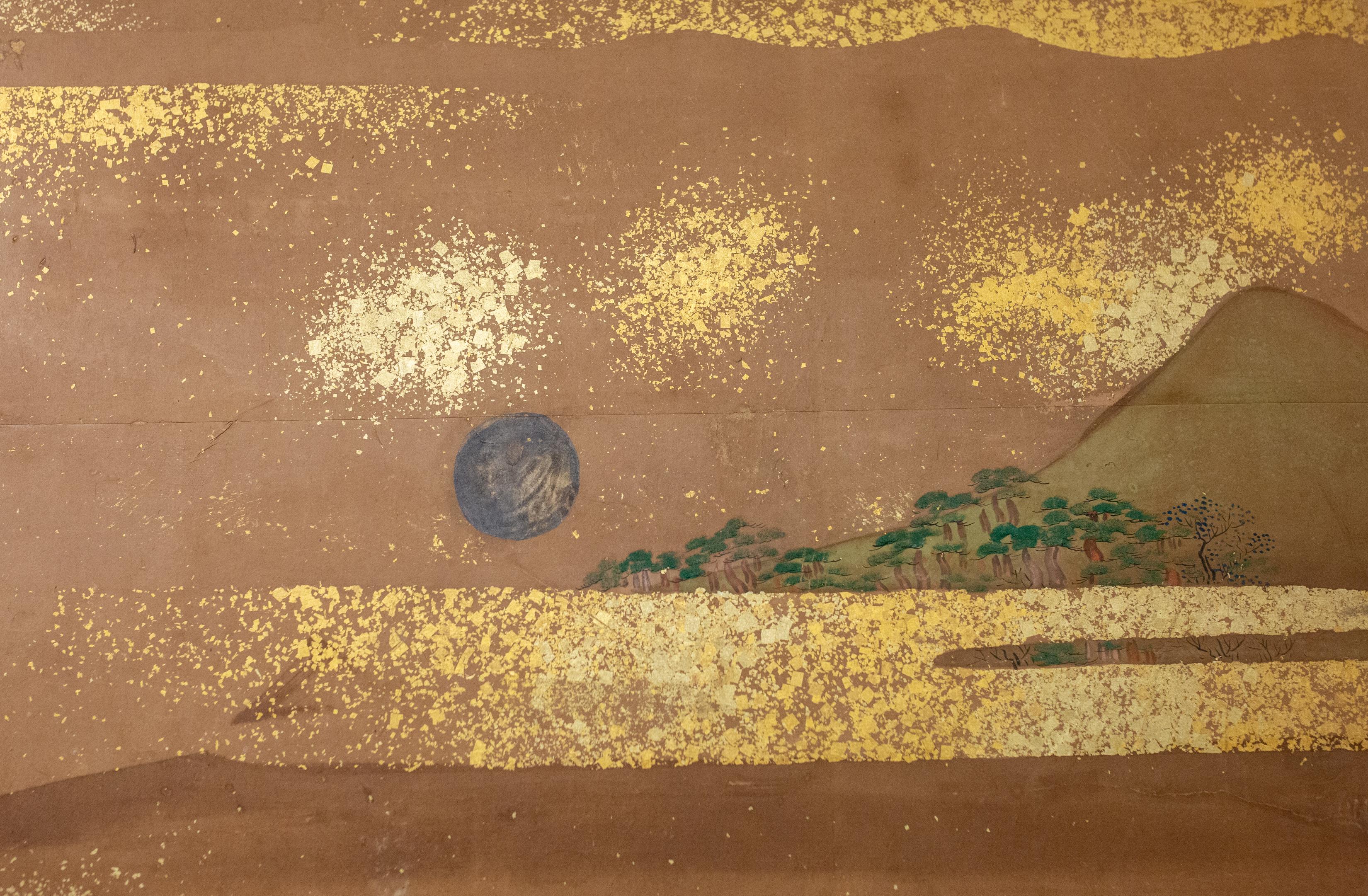 Silk Japanese Six Panel Screen: Glorious Tosa Painting of Lady Murasaki on Lake Biwa