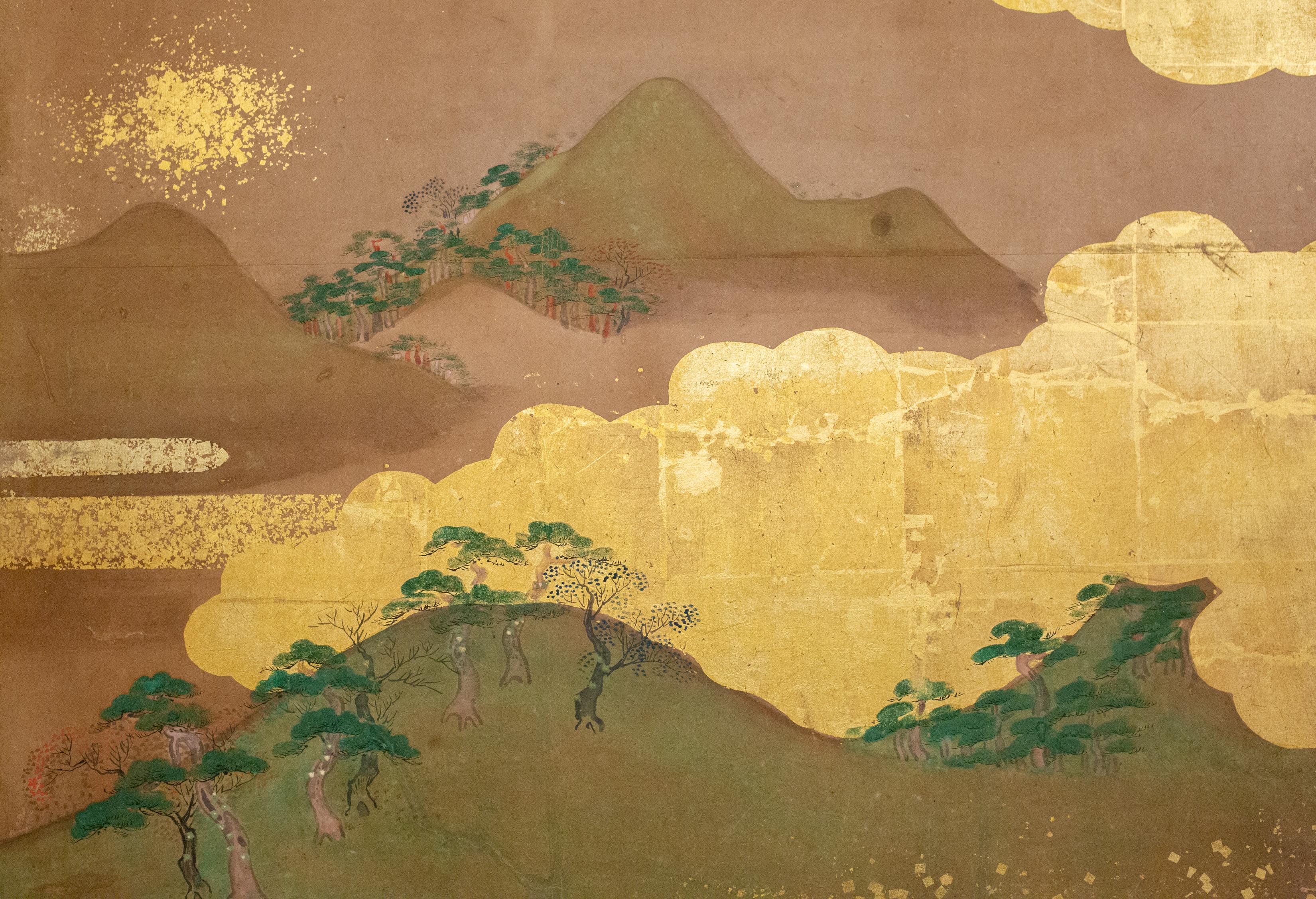 Japanese Six Panel Screen: Glorious Tosa Painting of Lady Murasaki on Lake Biwa 1