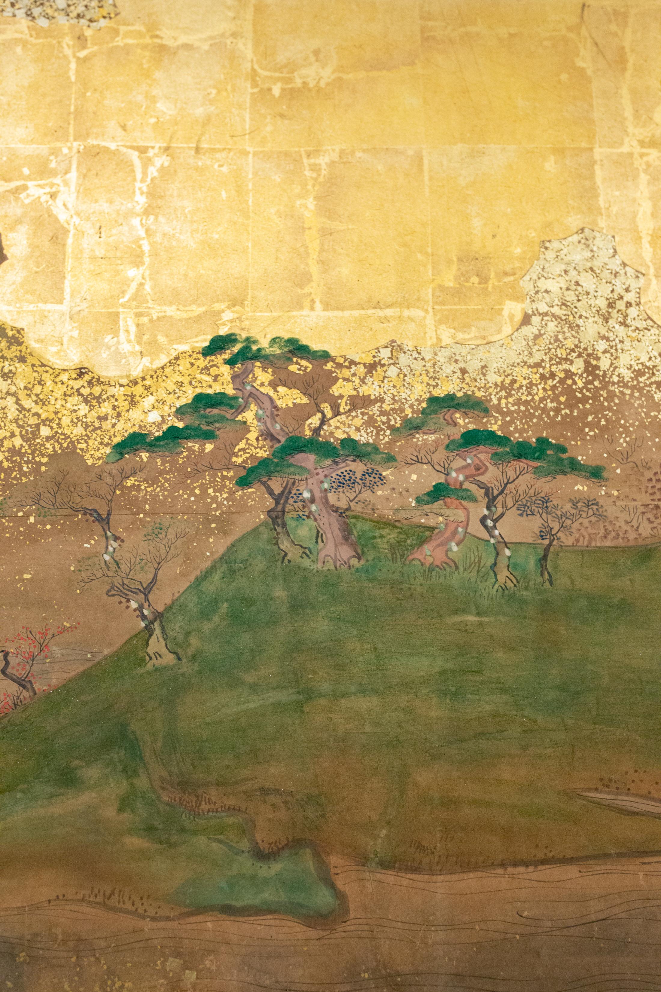 Japanese Six Panel Screen: Glorious Tosa Painting of Lady Murasaki on Lake Biwa 2