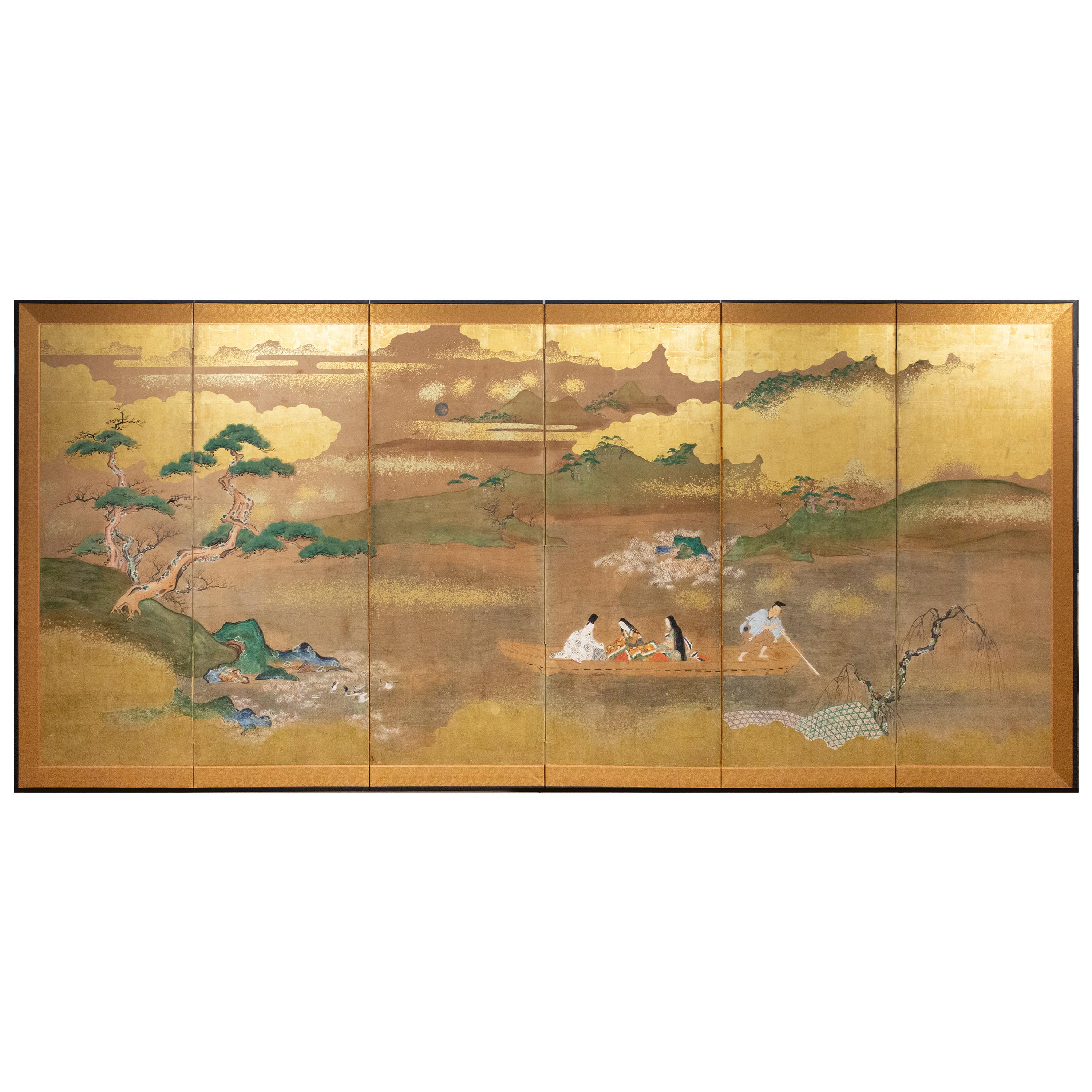 Japanese Six Panel Screen: Glorious Tosa Painting of Lady Murasaki on Lake Biwa