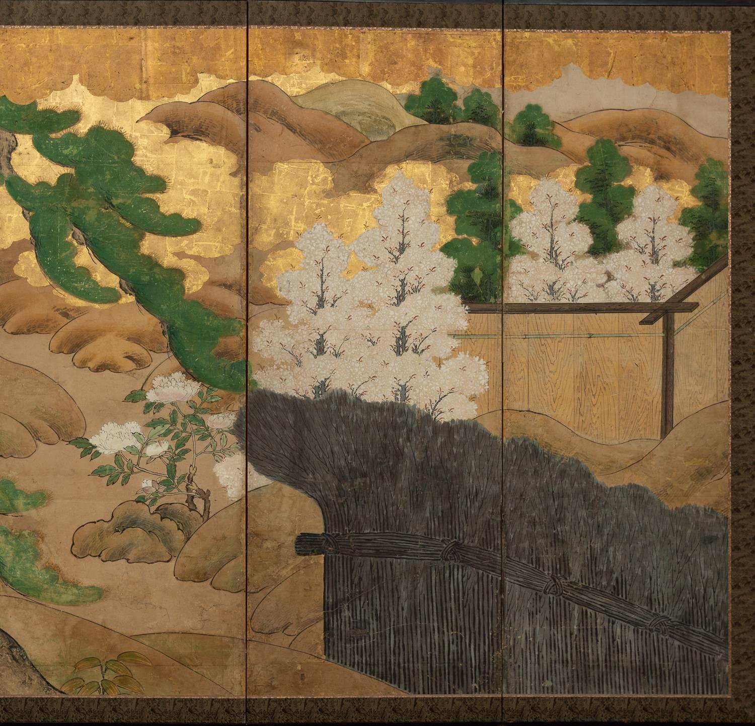 Japanese Six Panel Screen: Hawk with Ancient Pine Overlooking Twig Fence In Good Condition For Sale In Hudson, NY
