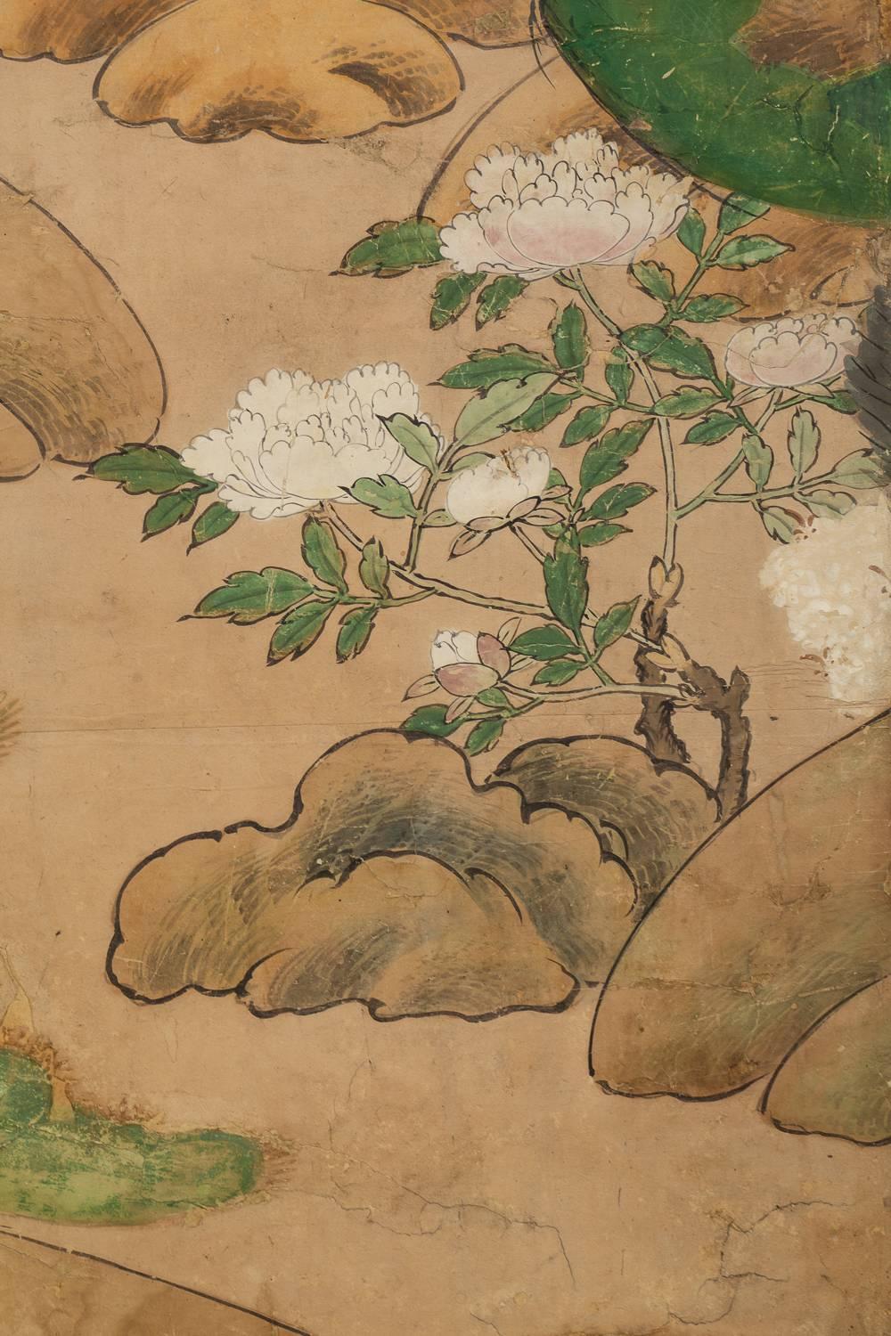 XVIIIe siècle et antérieur Paravent japonais à six panneaux : Hawk avec une ancienne clôture en pin donnant sur une clôture en brindilles en vente