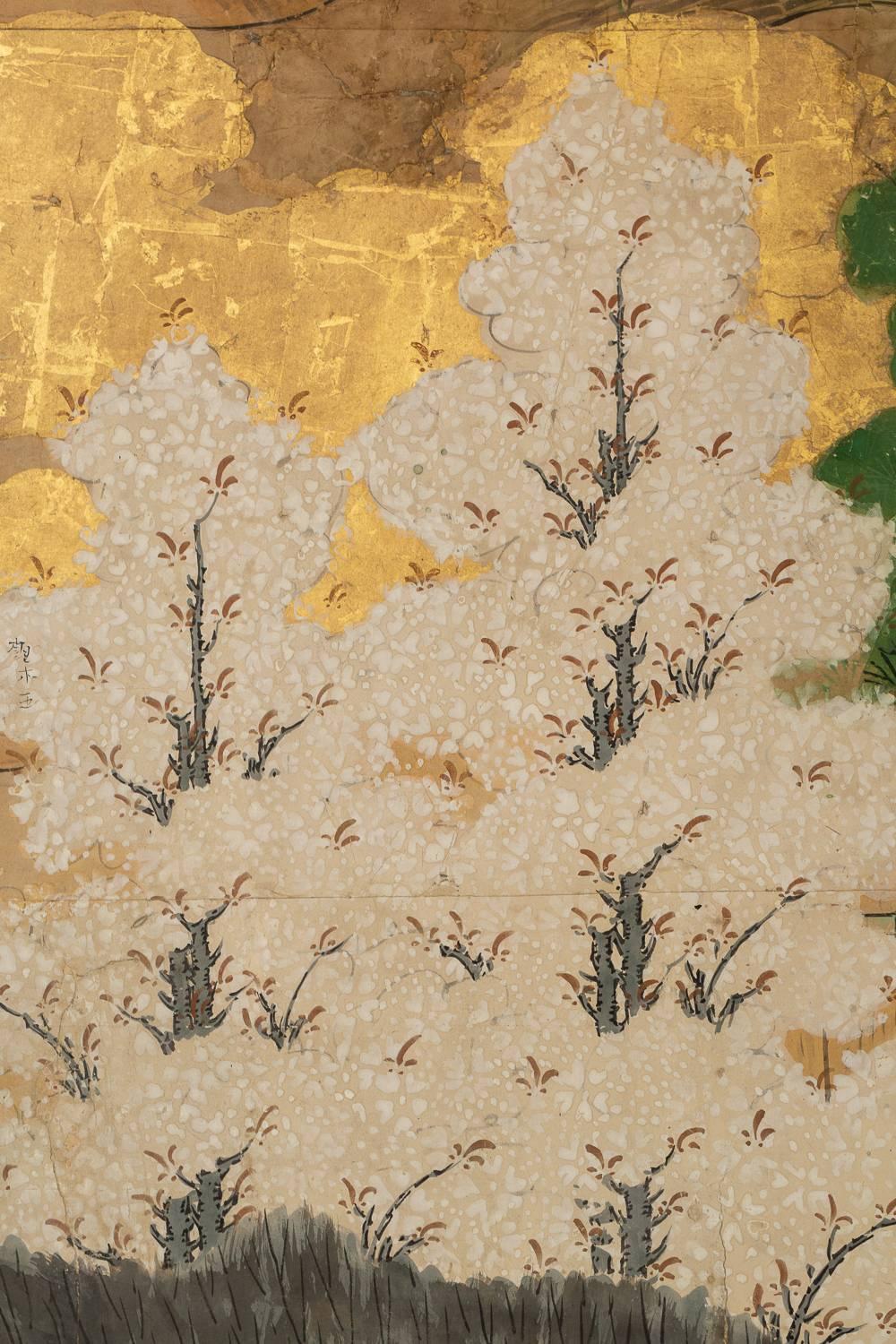 Feuille d'or Paravent japonais à six panneaux : Hawk avec une ancienne clôture en pin donnant sur une clôture en brindilles en vente