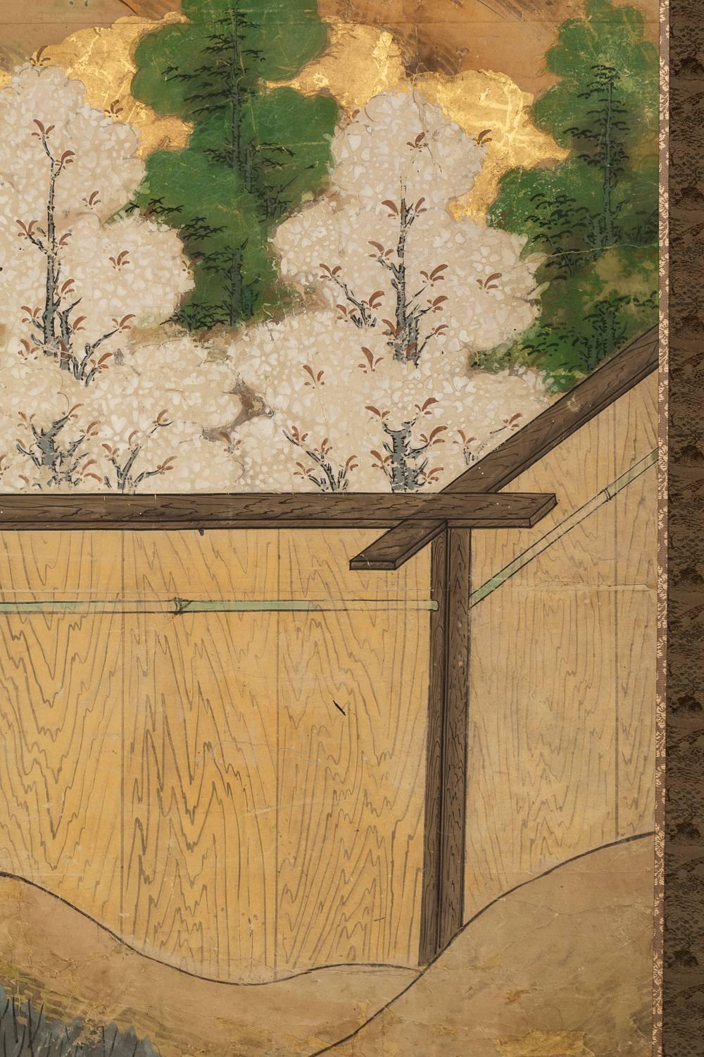 Japanese Six Panel Screen: Hawk with Ancient Pine Overlooking Twig Fence For Sale 2
