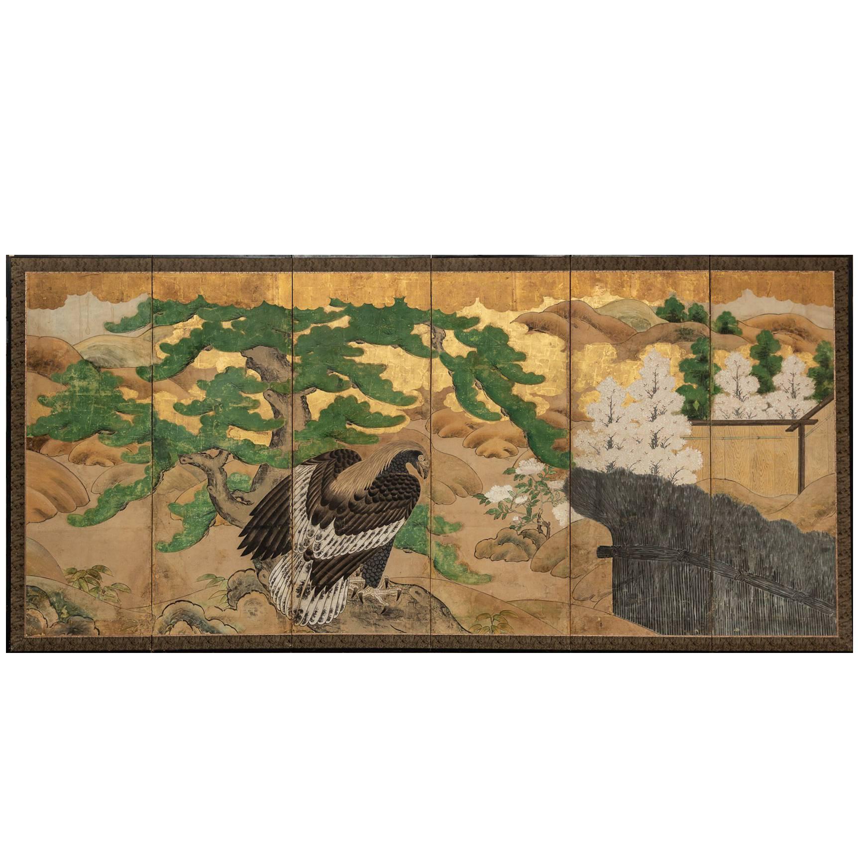 Japanese Six Panel Screen: Hawk with Ancient Pine Overlooking Twig Fence For Sale