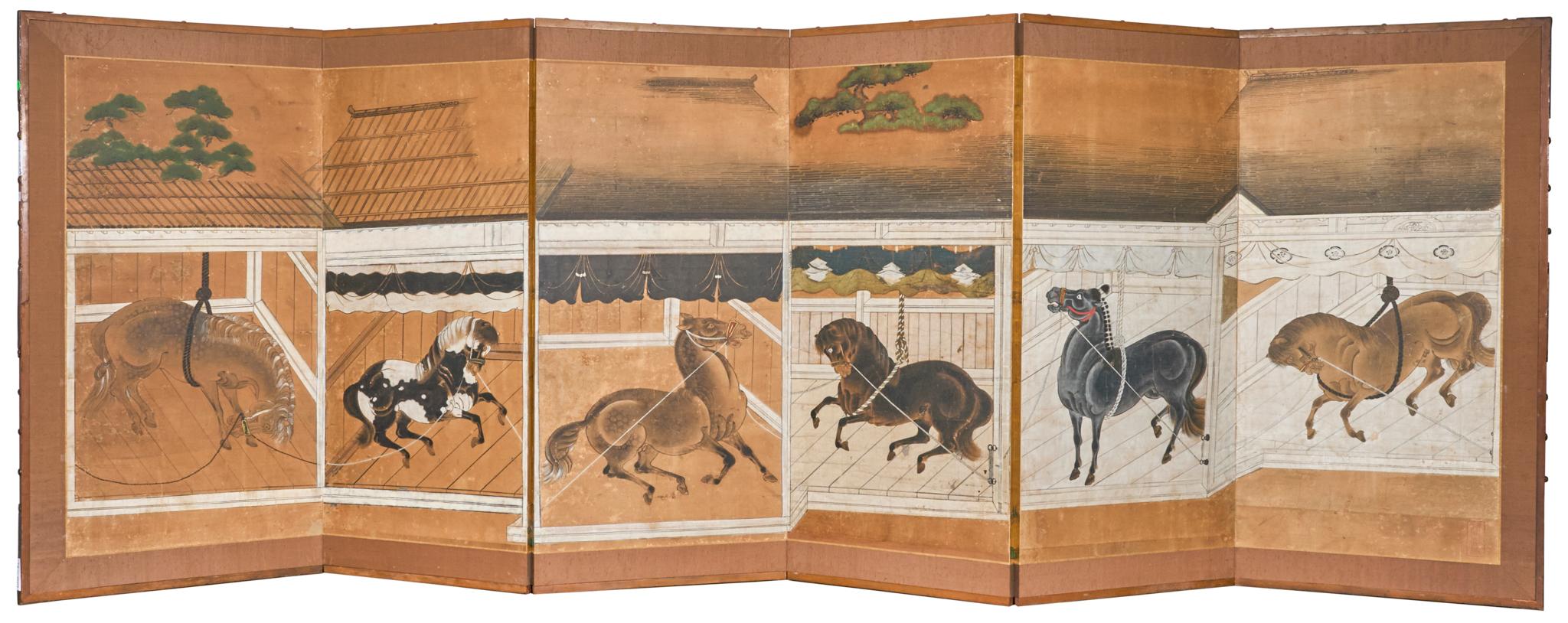 Japanese Six Panel Screen: Horses in Stable en venta 5