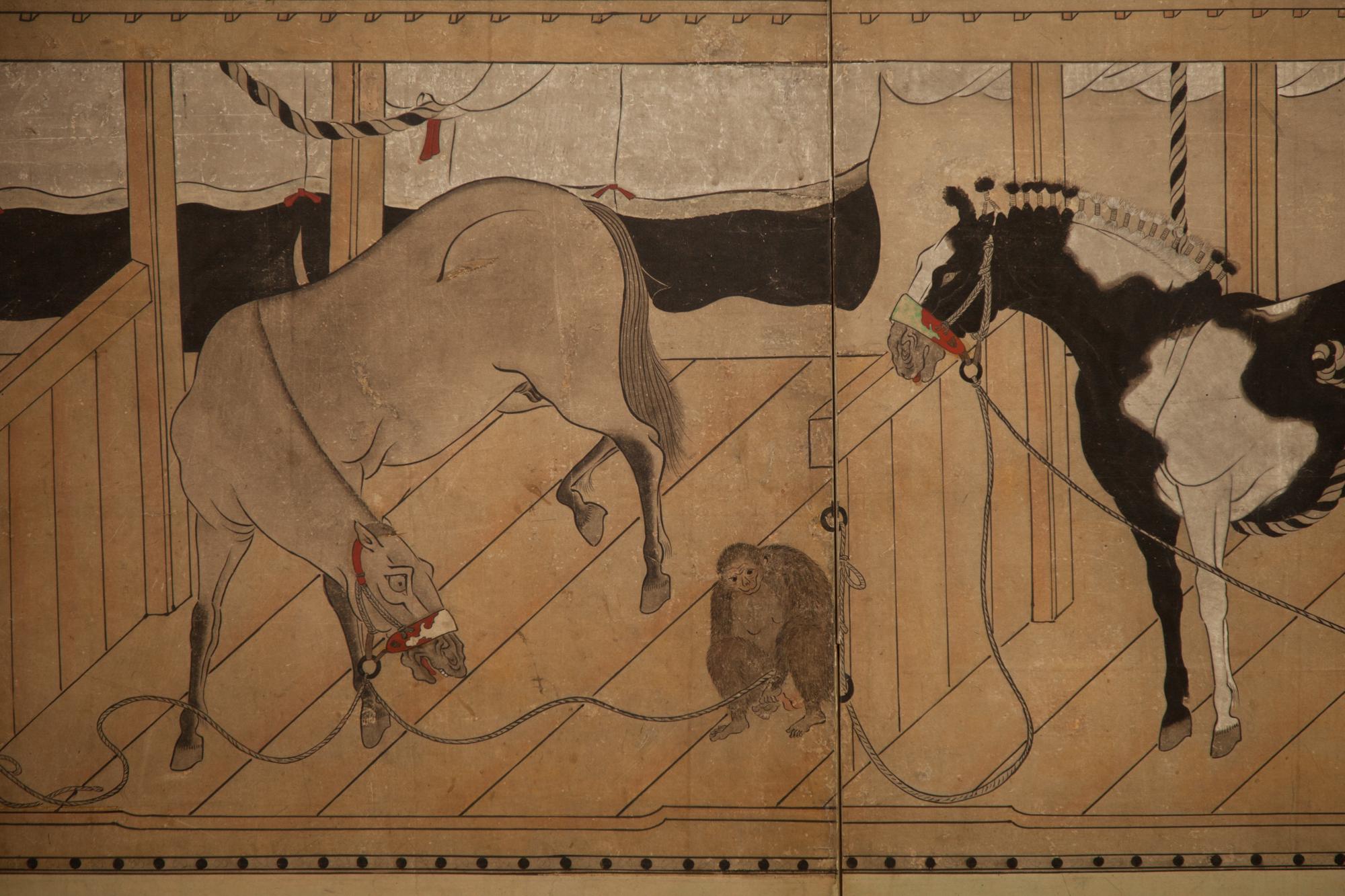 Kano School painting of horses in stabile, with a monkey. Mineral pigments on mulberry paper with silk brocade border.