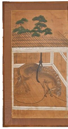 Japanese Six Panel Screen: Horses in Stable